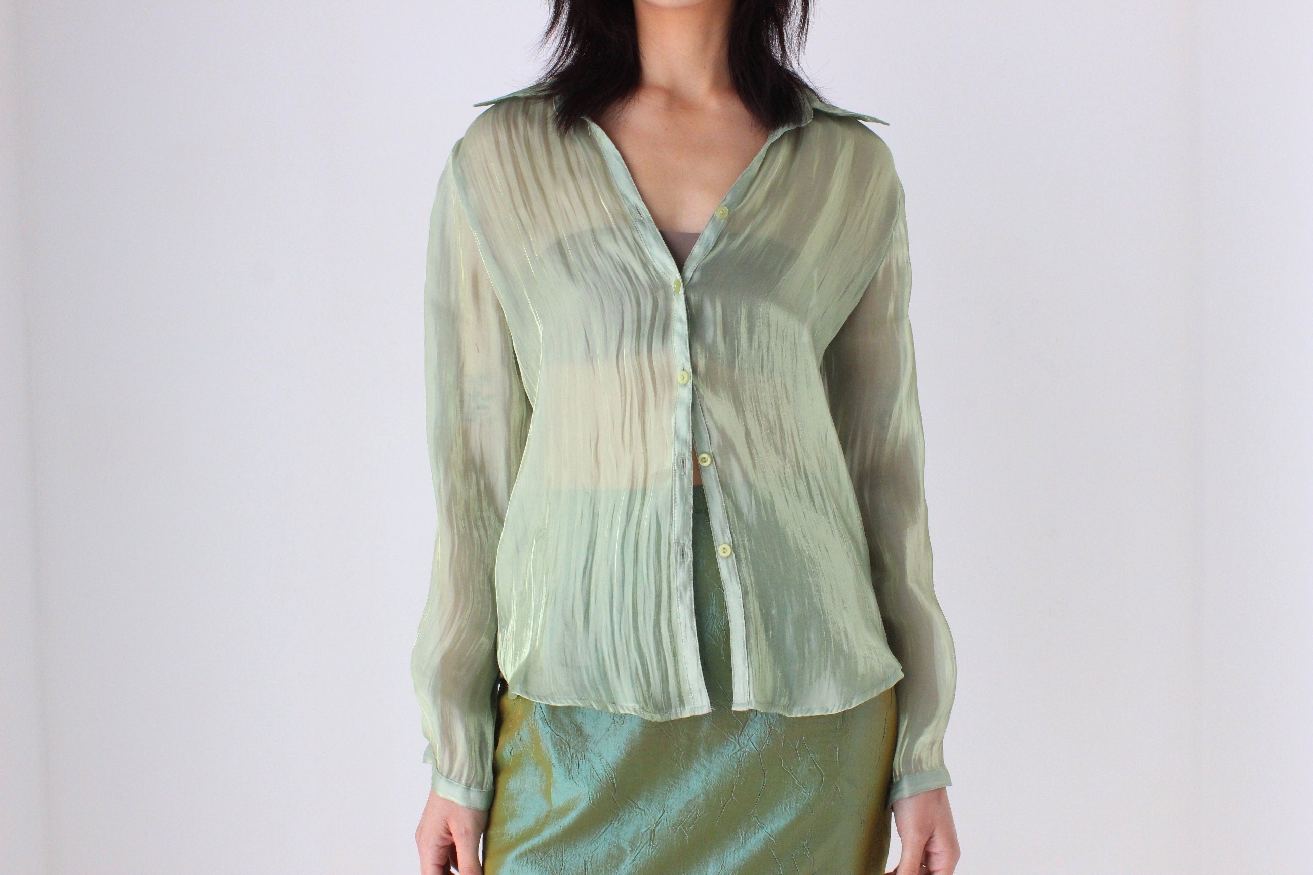 Y2K Iridescent Green Sheer Metallic Button Up Blouse