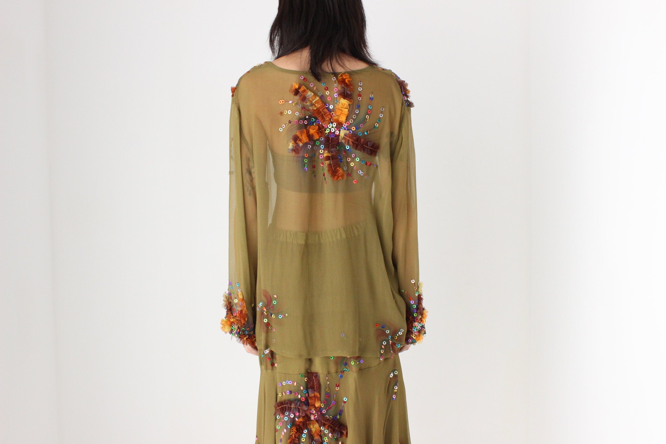 80s Pure Silk Wearable Art Matching Two Piece Skirt & Top Set