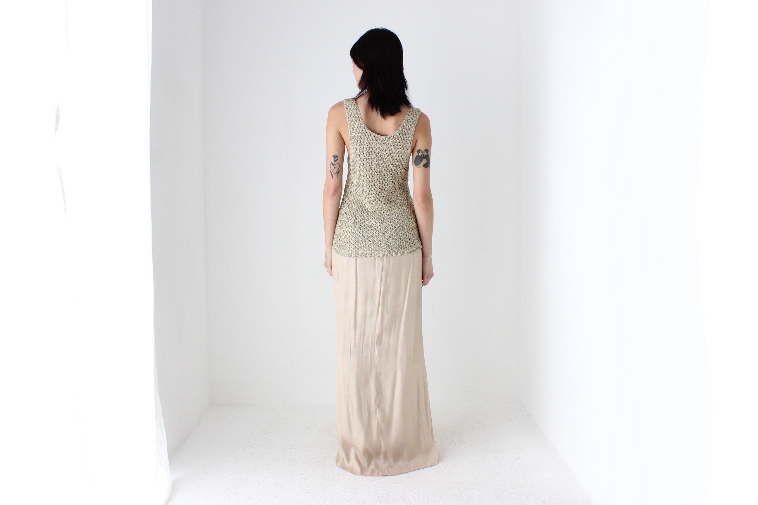 2000s Gold Knit Sleeveless Crochet Tank