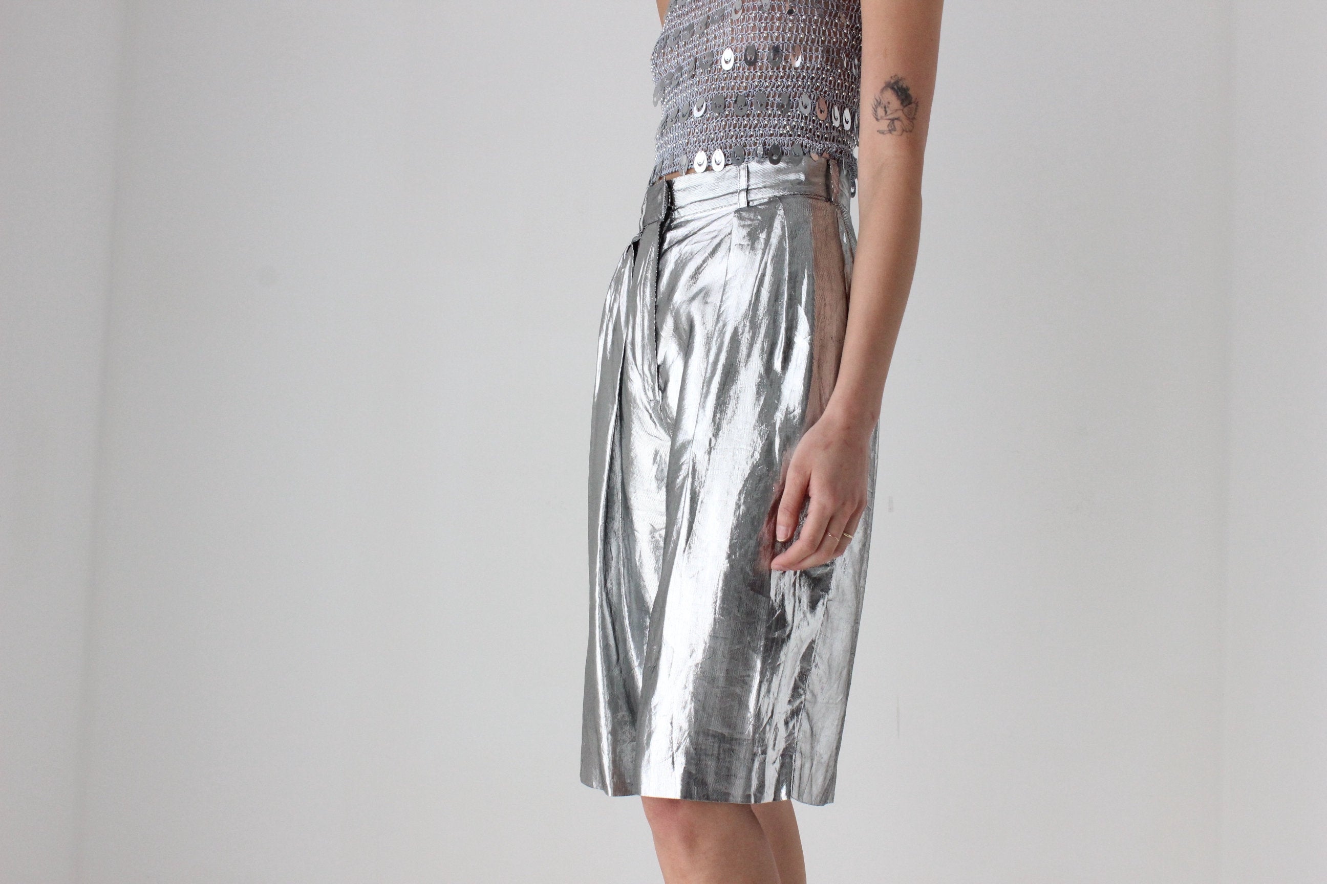 80s Silver Lamé Metallic Foil Long Line Pleated Shorts by Heléne Sidel