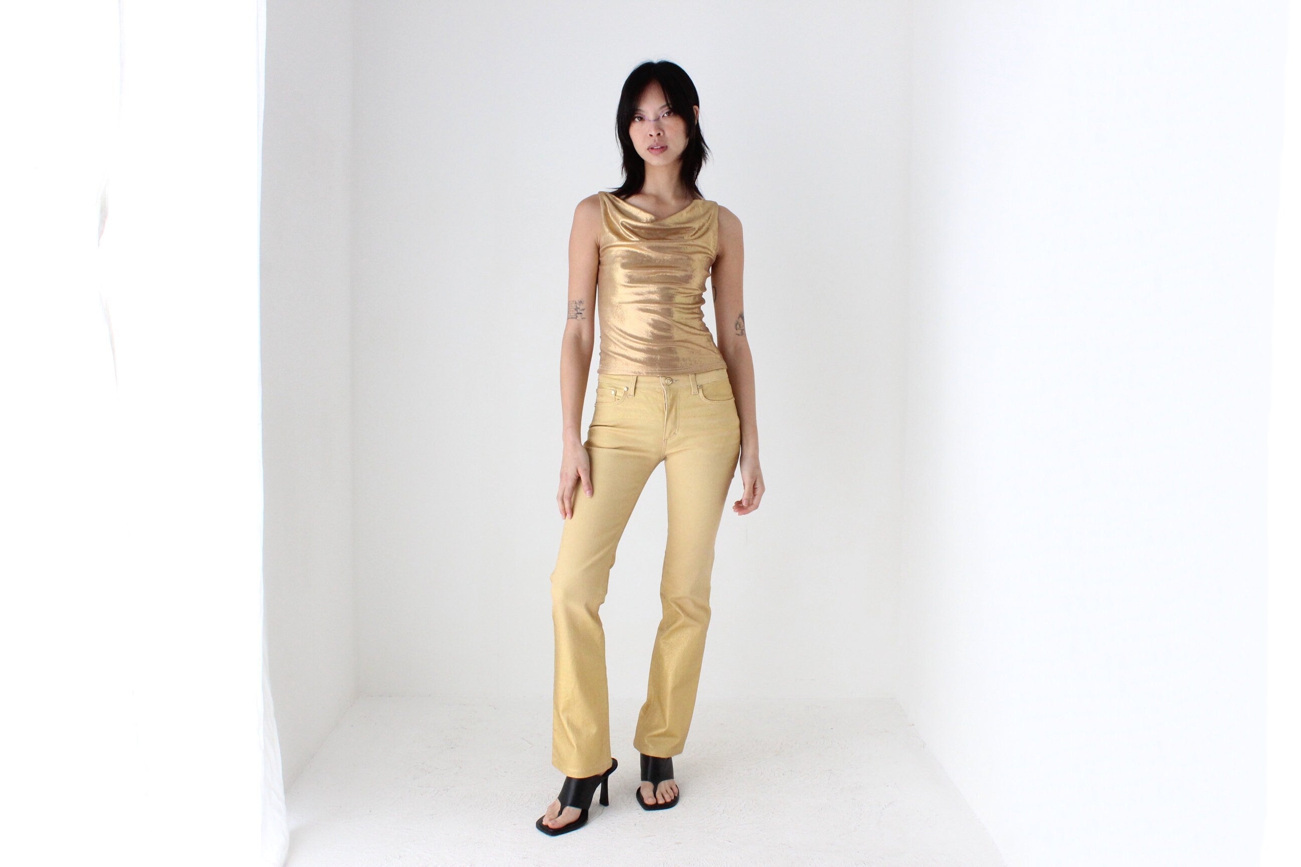 Y2K Liquid Gold Metallic Cowl Neck Disco Top