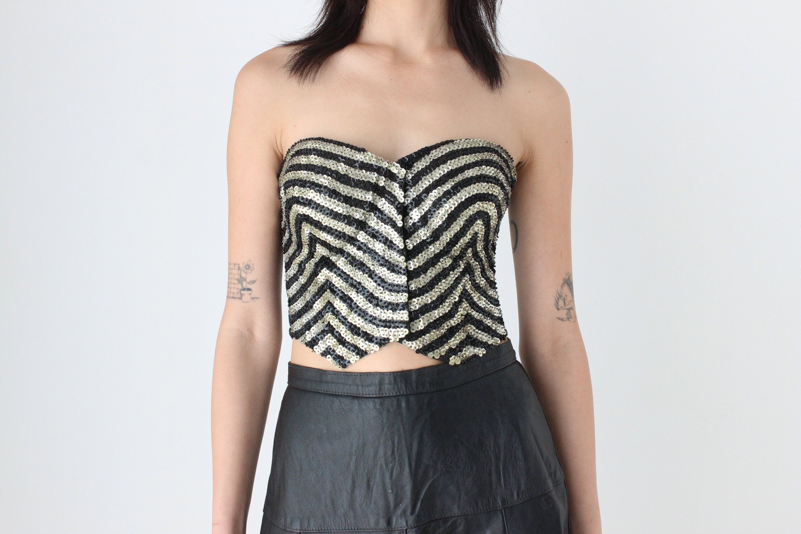 80s Striped Sequin Strapless Madonna/Gaultier Vibe Corset Top