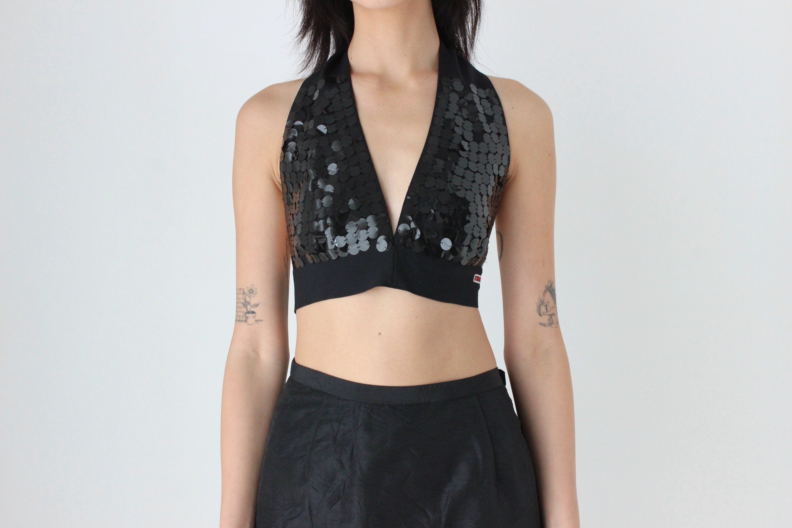 80s Sequin Plunge Neck Tie Up Halter Crop Top