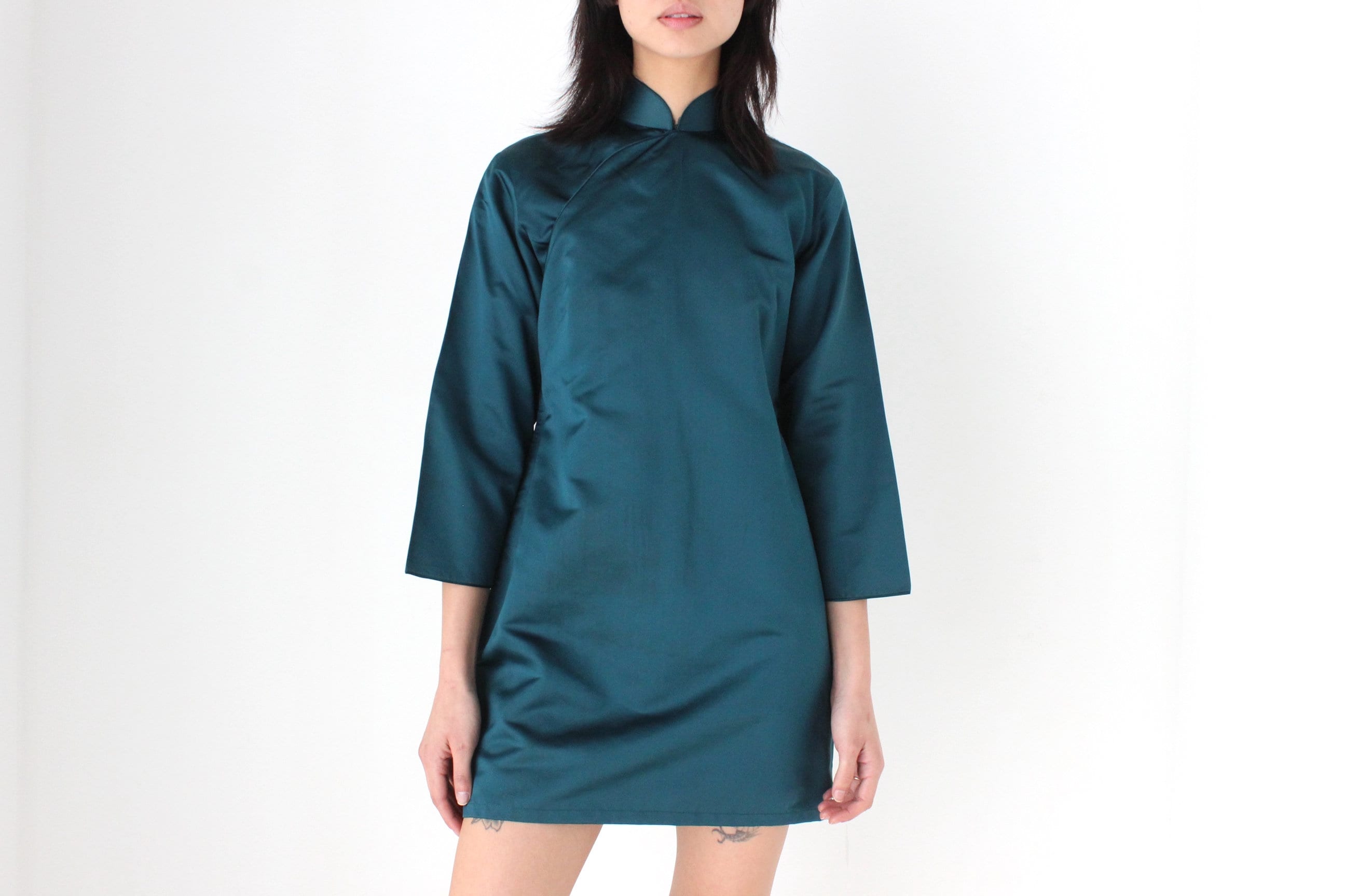 80s PURE SILK Metallic Teal Cheongsam Collar Mini Dress