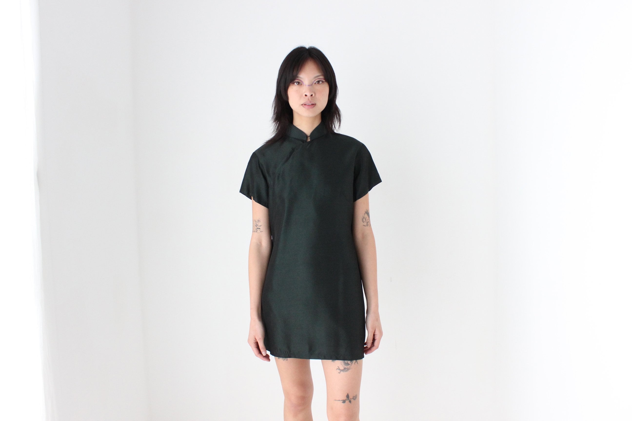 80s Custom Made Metallic Green Cheongsam Collar Tee Dress