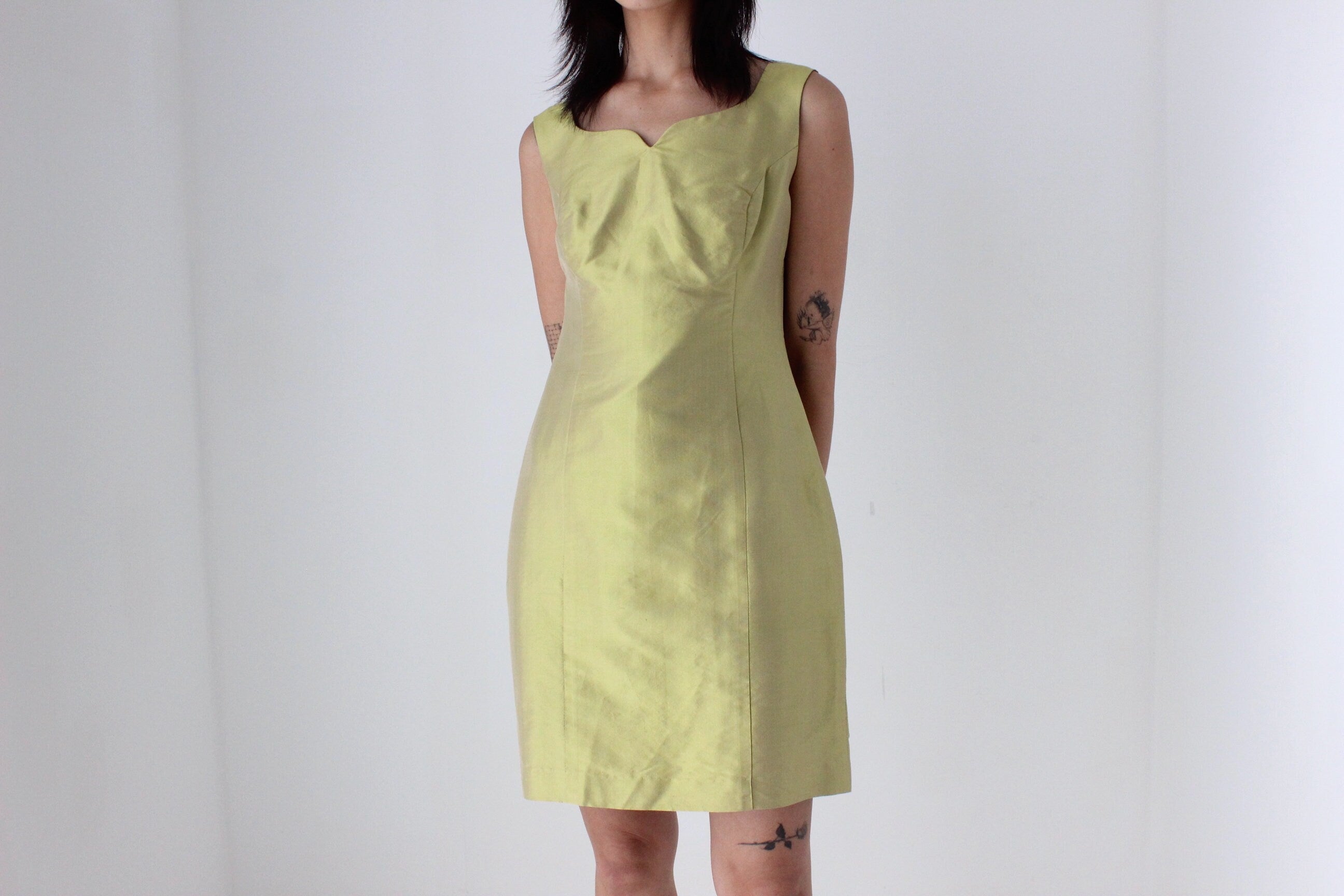 80s Iridescent Green Silk Holographic Mini Dress