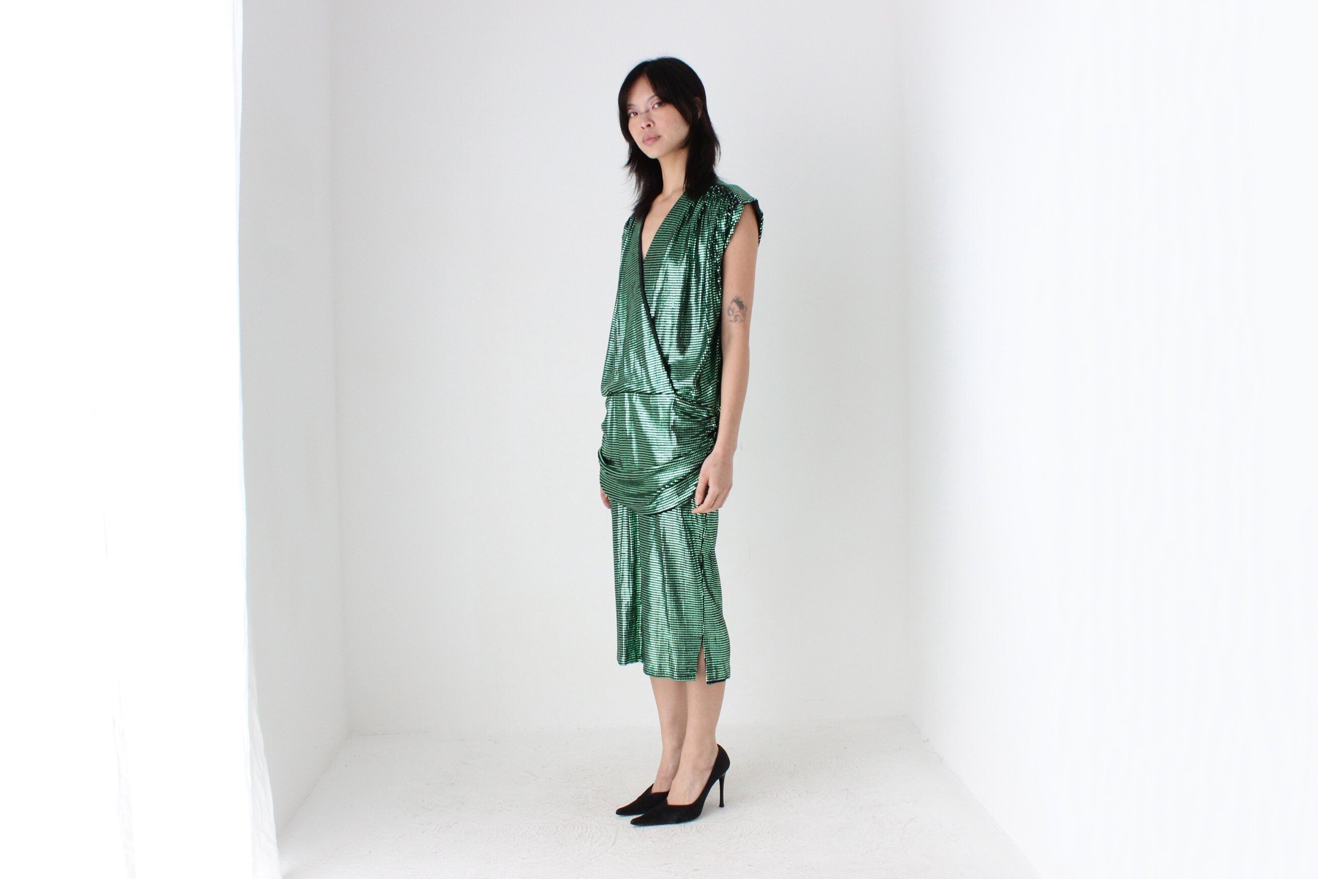 80s Australian Designer Metallic Green Party Dress
