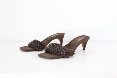 Y2K Chocolate Canvas & Sequin Kitten Heel Sandals ~ Euro 38