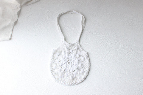 90s White Cotton Crochet Woven Circle Shoulder Bag