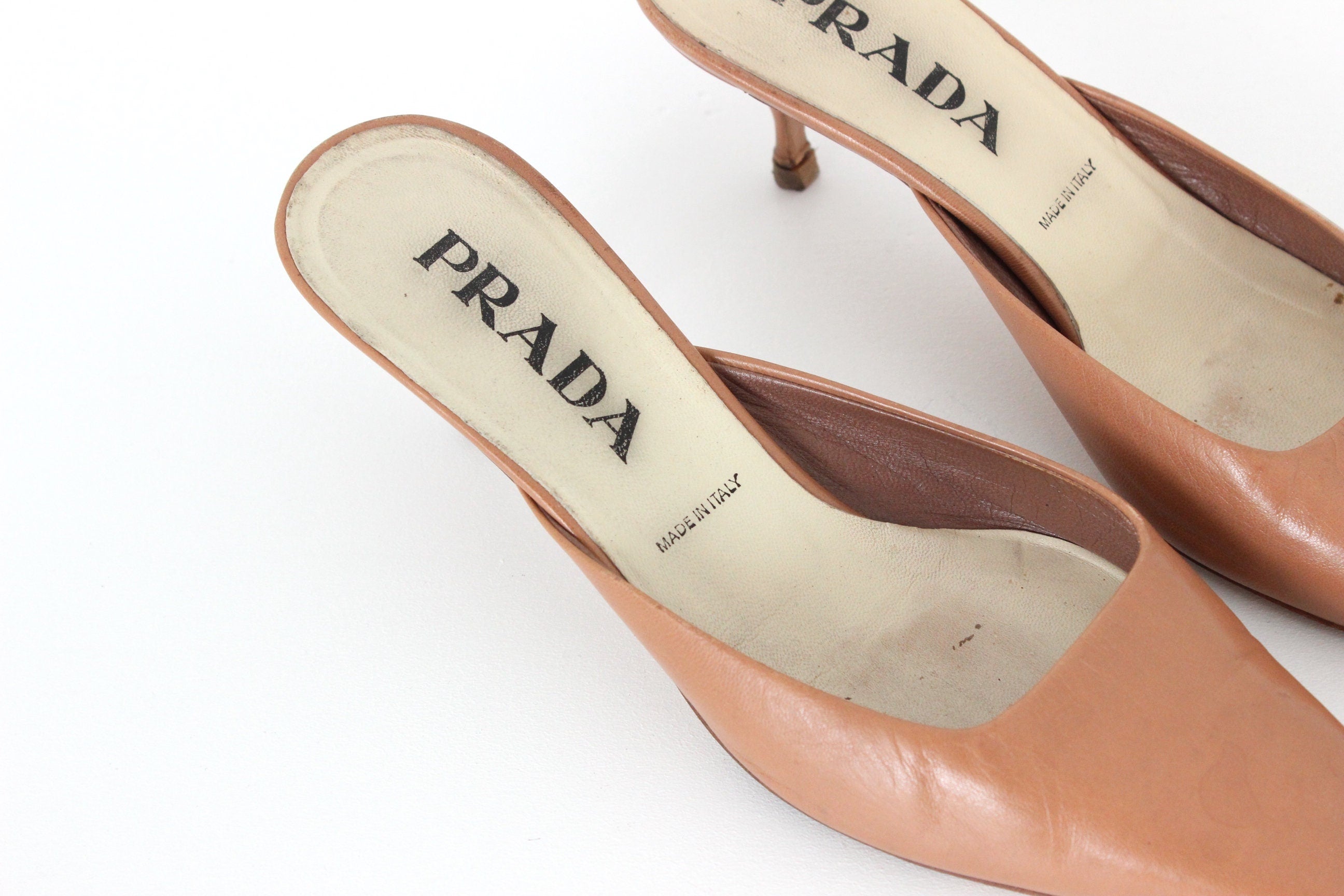 90s PRADA Leather Dusty Rose Pointed Toe Kitten Heel Mules ~ Euro 37