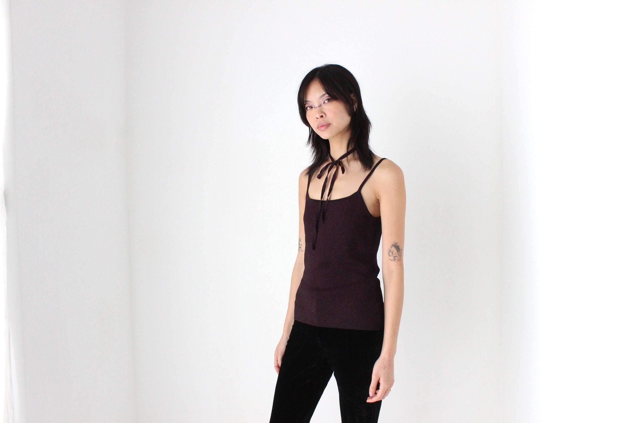 Y2K Lurex Stretch Fitted Tank w/ Tie Belt or Choker