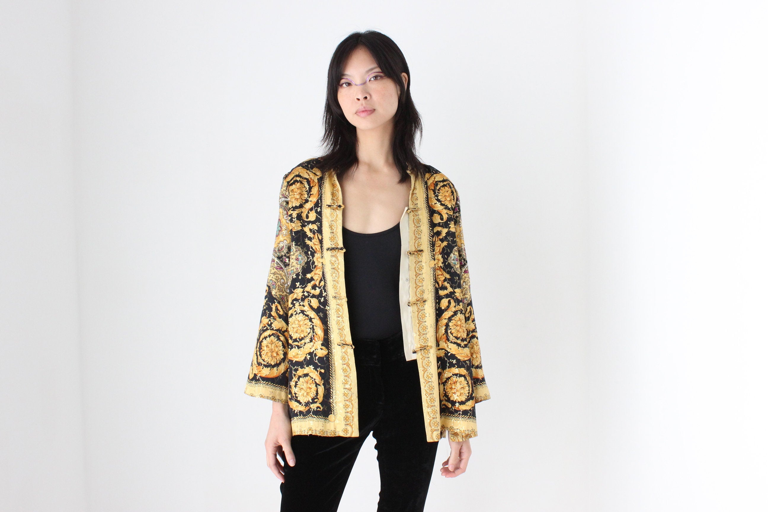 80s Pure Silk Baroque Print Mandarin Collar Quilted Jacket