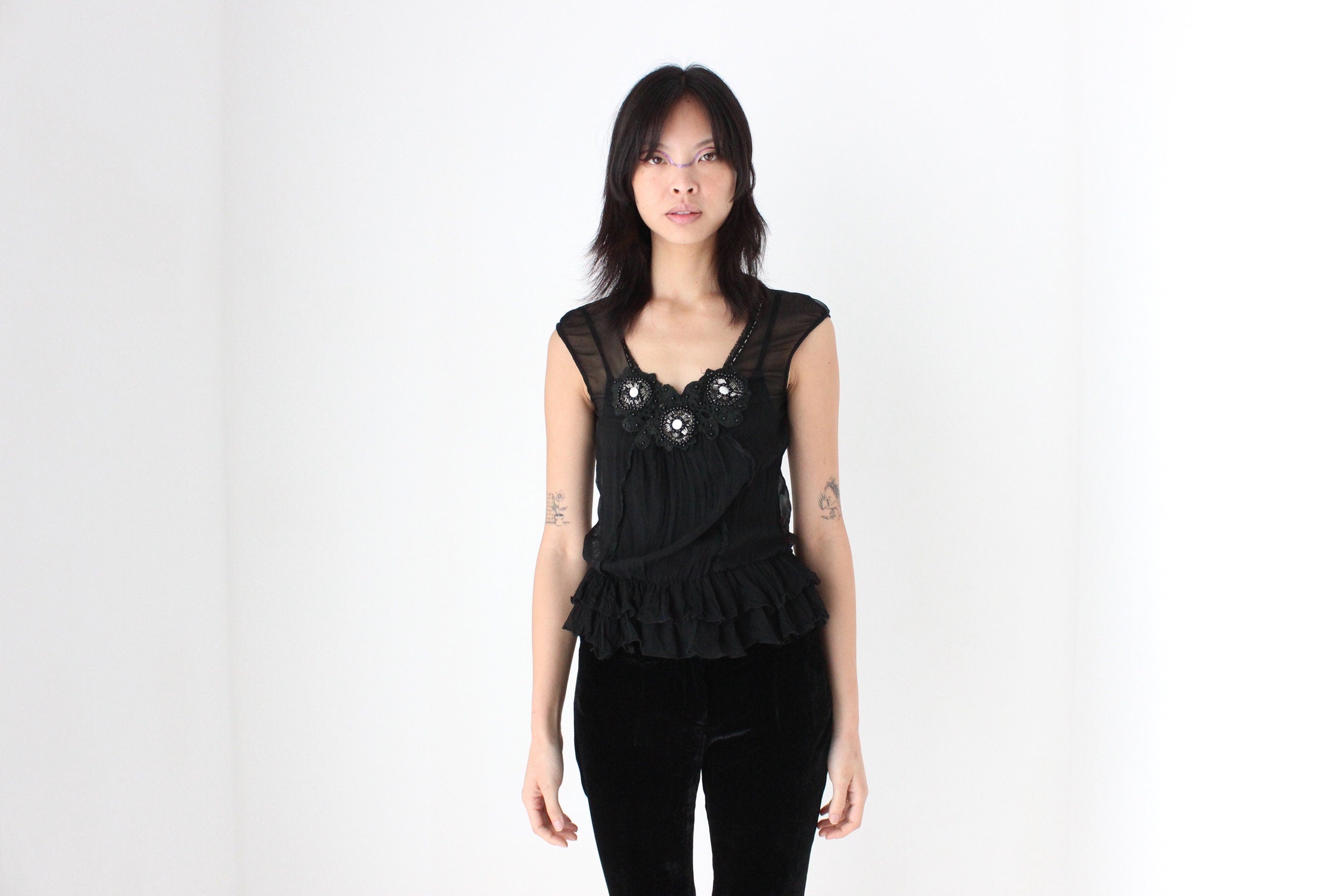 Y2K Gauzy Bejewelled Cap Sleeve Gathered Top