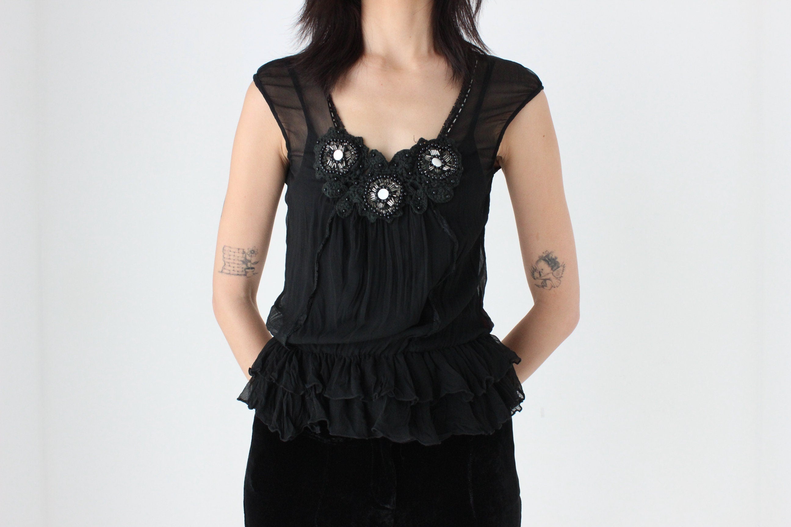 Y2K Gauzy Bejewelled Cap Sleeve Gathered Top