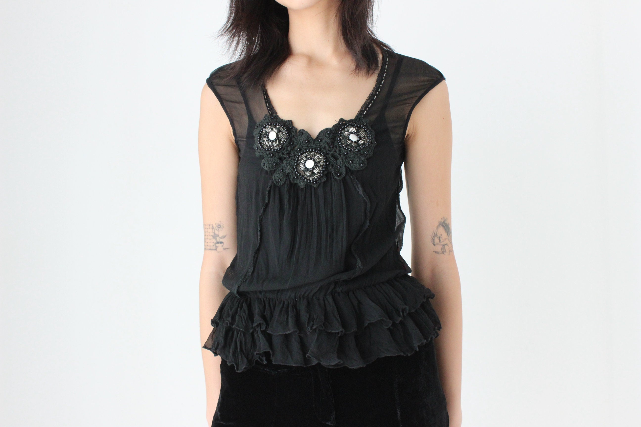 Y2K Gauzy Bejewelled Cap Sleeve Gathered Top