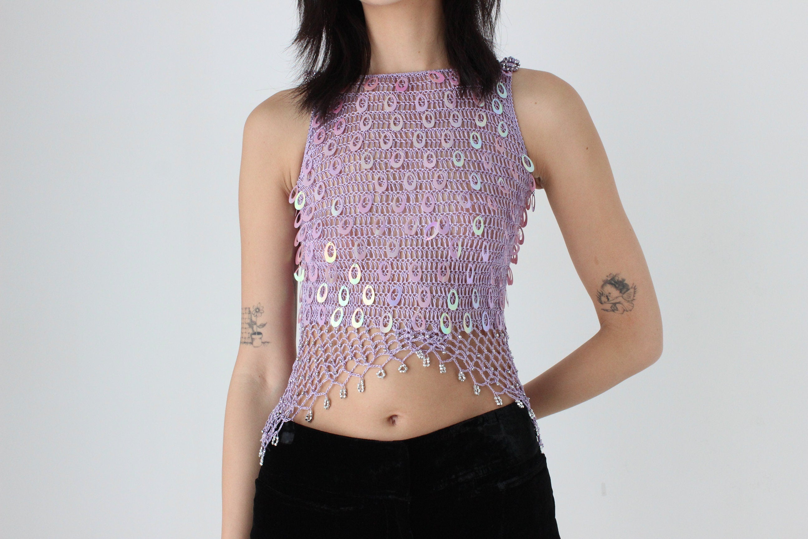 Y2K Crochet Knit & Disc Sequin Pastel Purple Party Crop Top