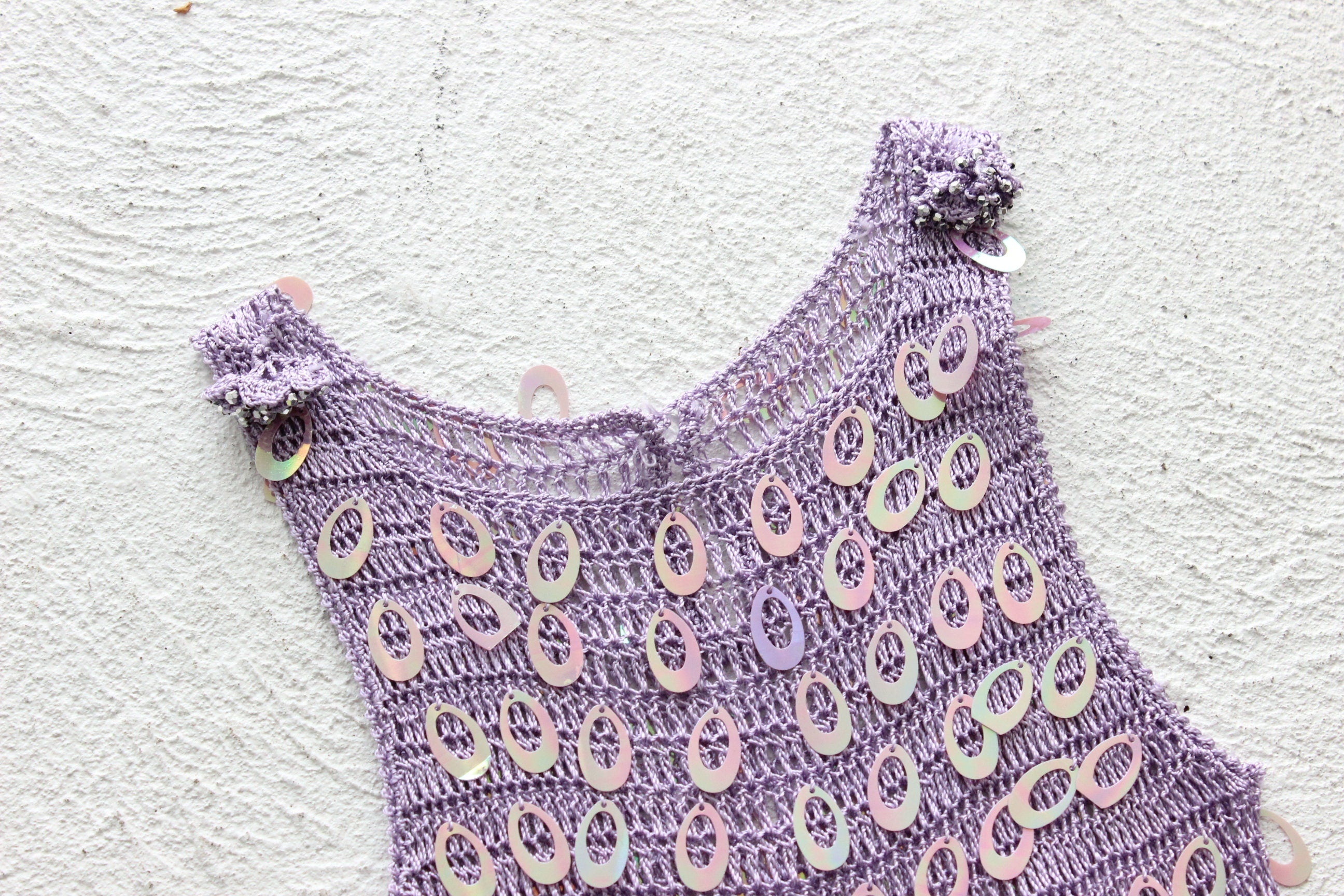 Y2K Crochet Knit & Disc Sequin Pastel Purple Party Crop Top