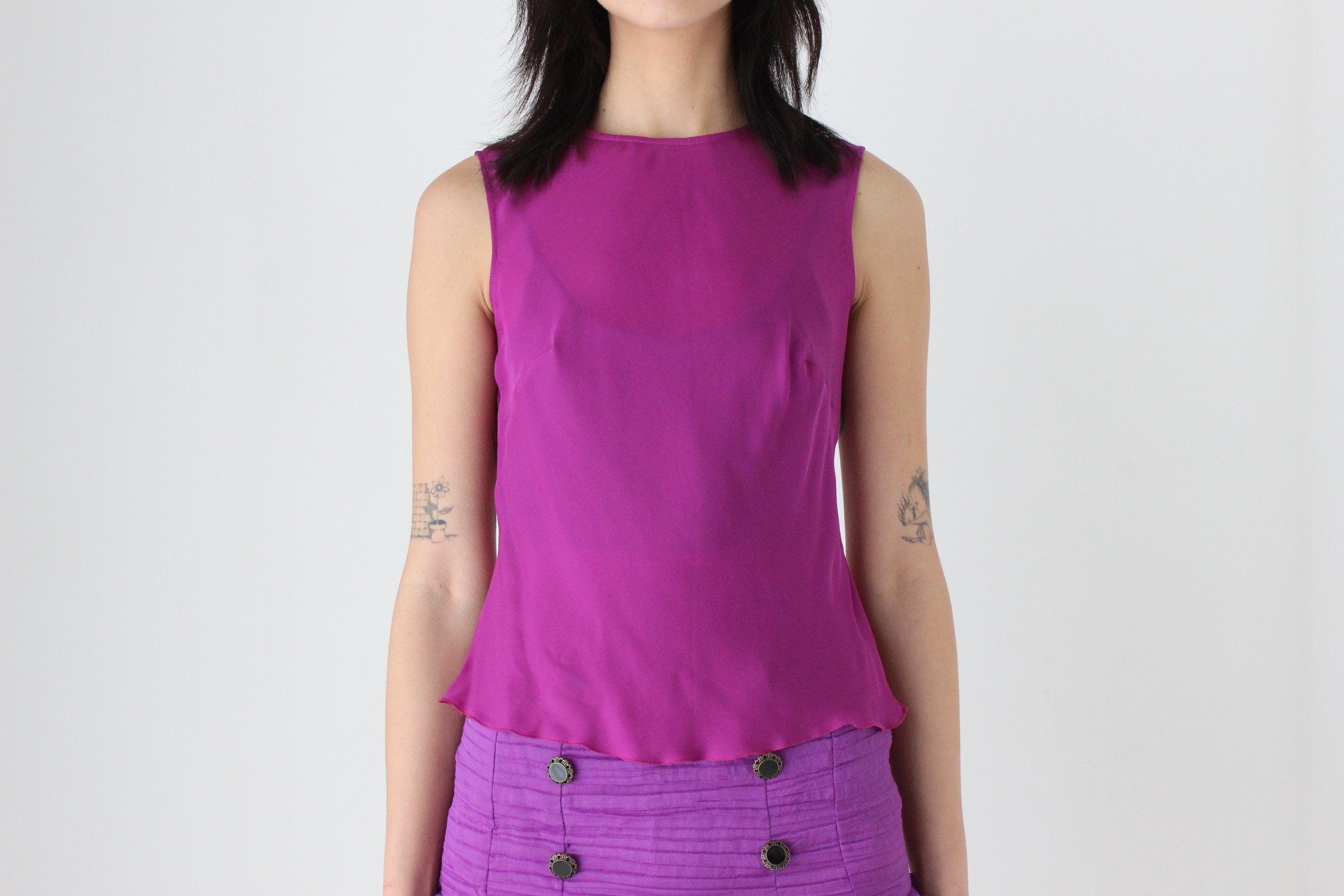 90s Pure Silk Bias Cut High Neck Sleeveless Minimal Tank Top