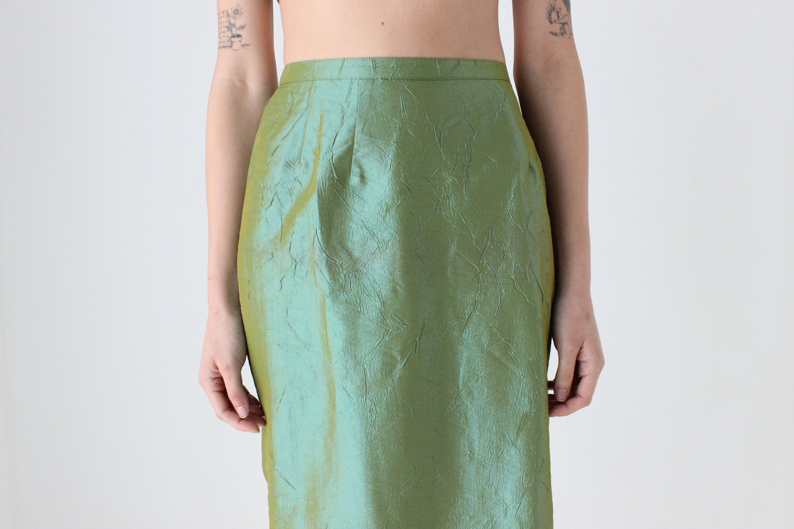 90s Metallic Green Crinkle Taffeta High Waist Column Midi Skirt