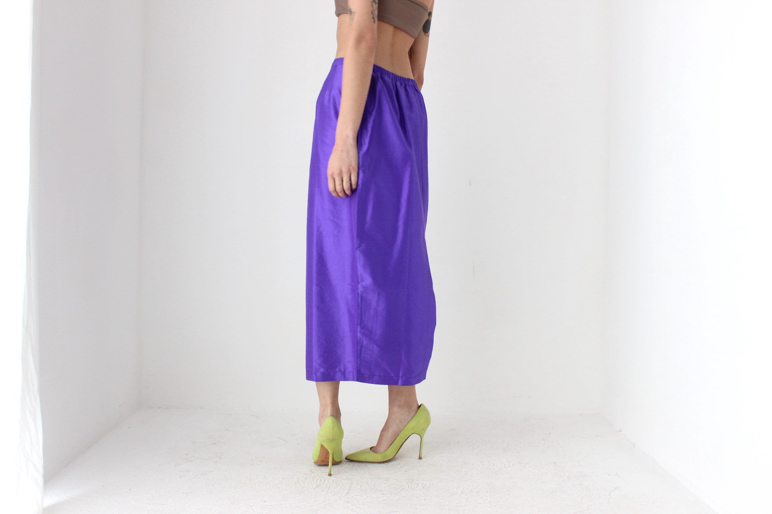 90s Purple Shantung Silk High Waist Column Midi Skirt