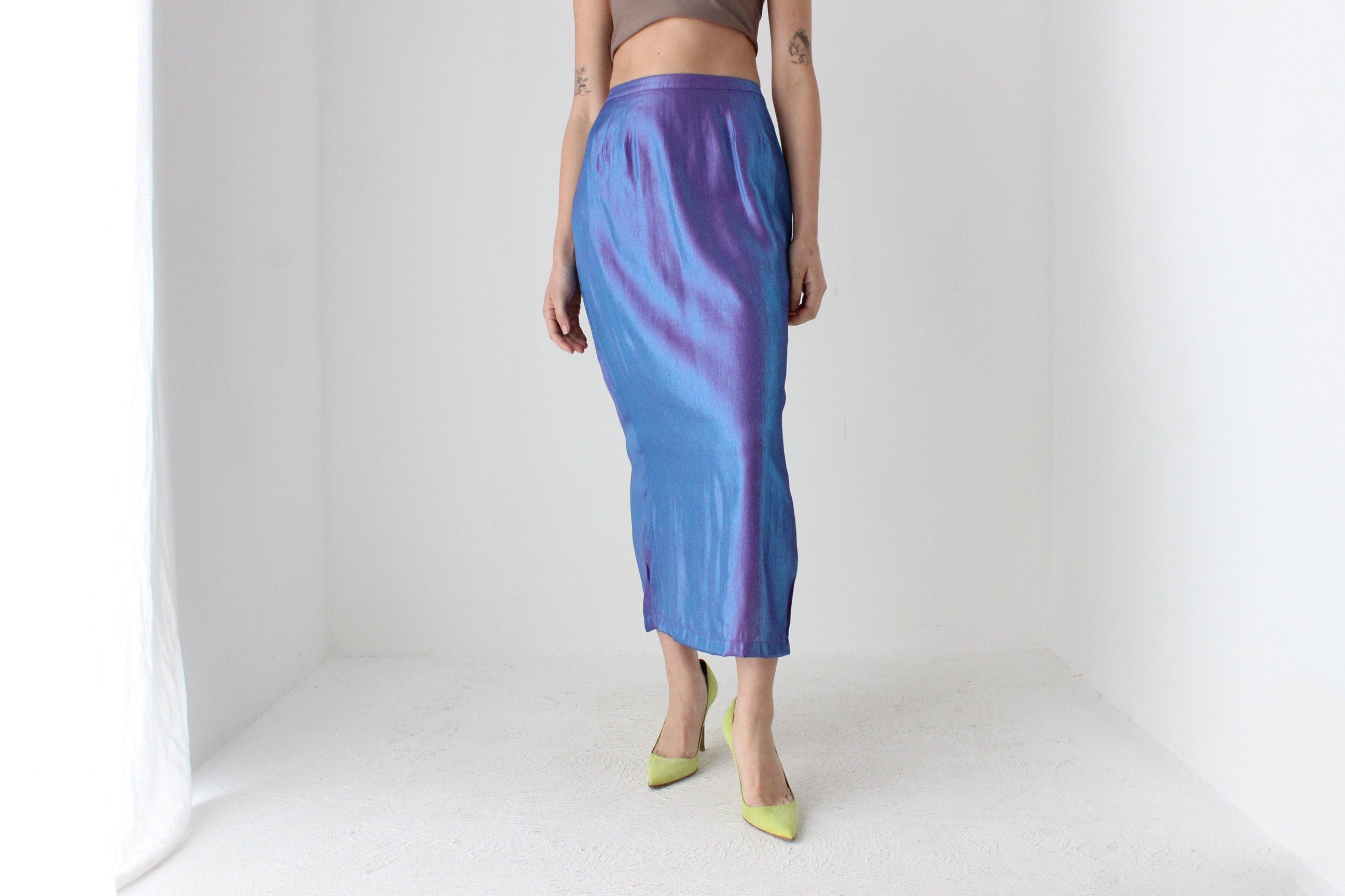 90s Holographic Duo Tone Metallic High Waist Column Midi Skirt