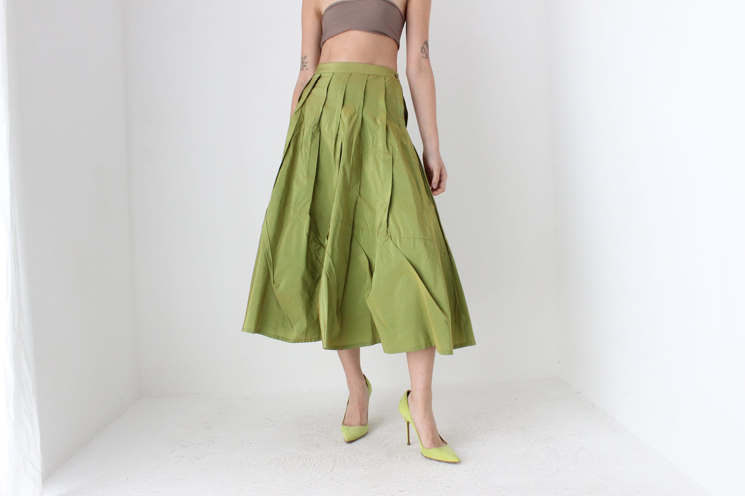 Y2K Metallic Green Structural Taffeta High Waist Skirt
