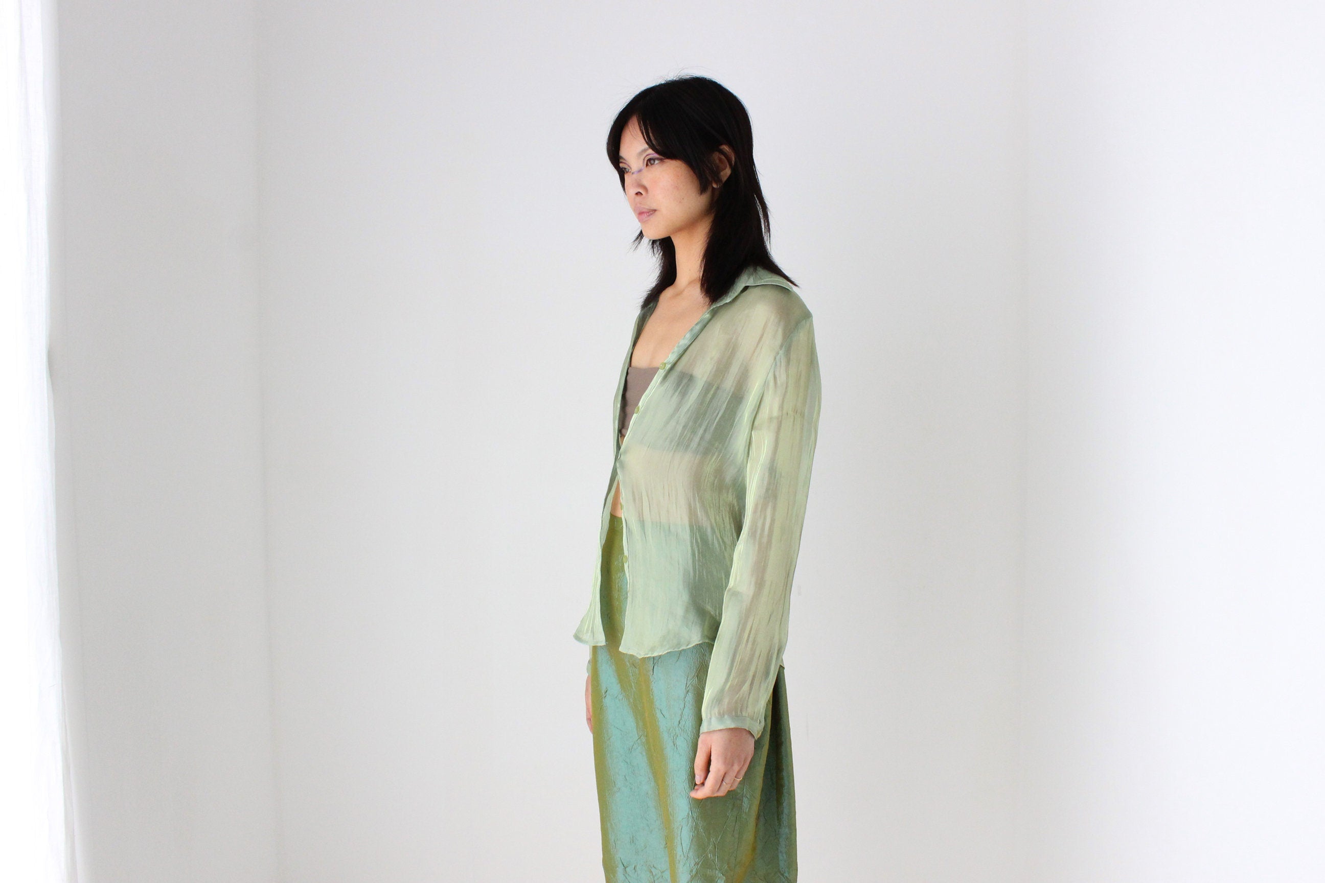 Y2K Iridescent Green Sheer Metallic Button Up Blouse