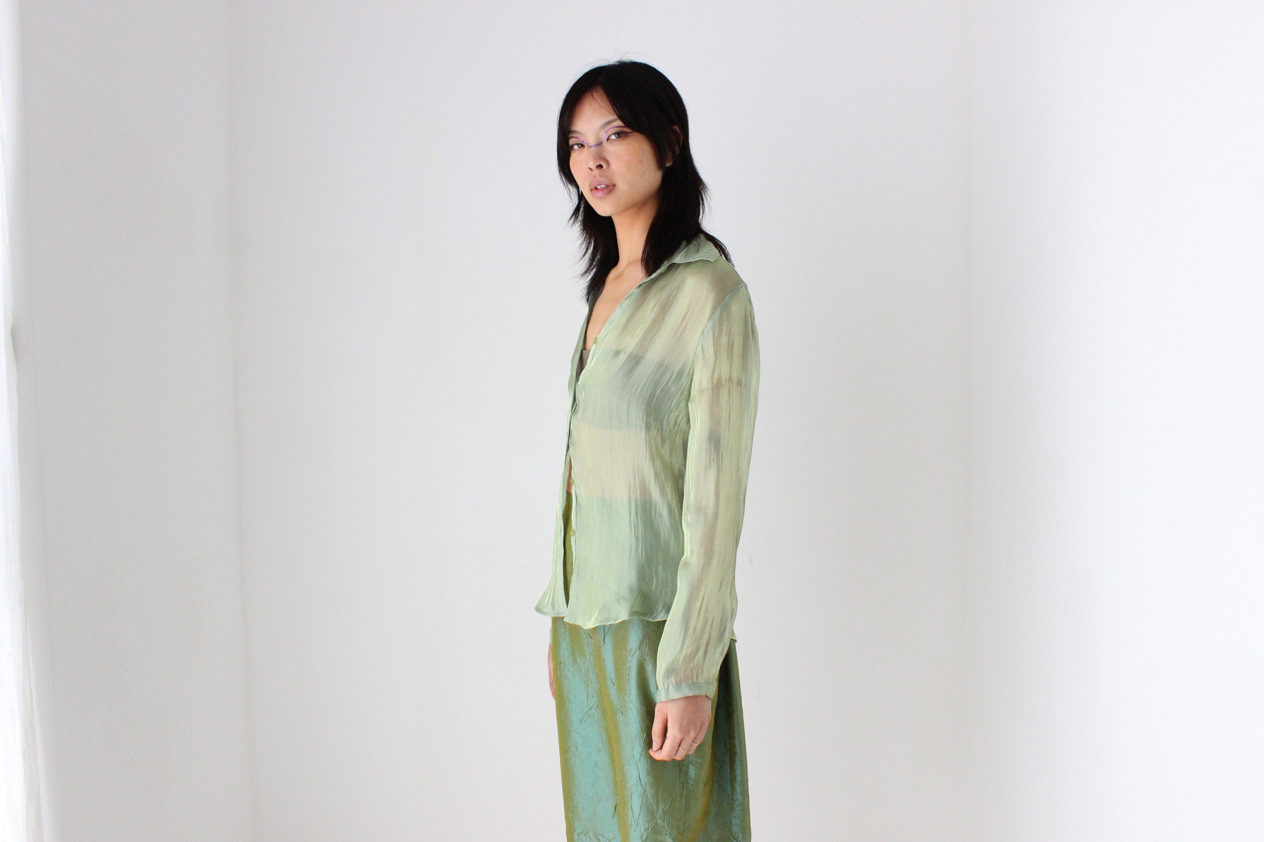 Y2K Iridescent Green Sheer Metallic Button Up Blouse