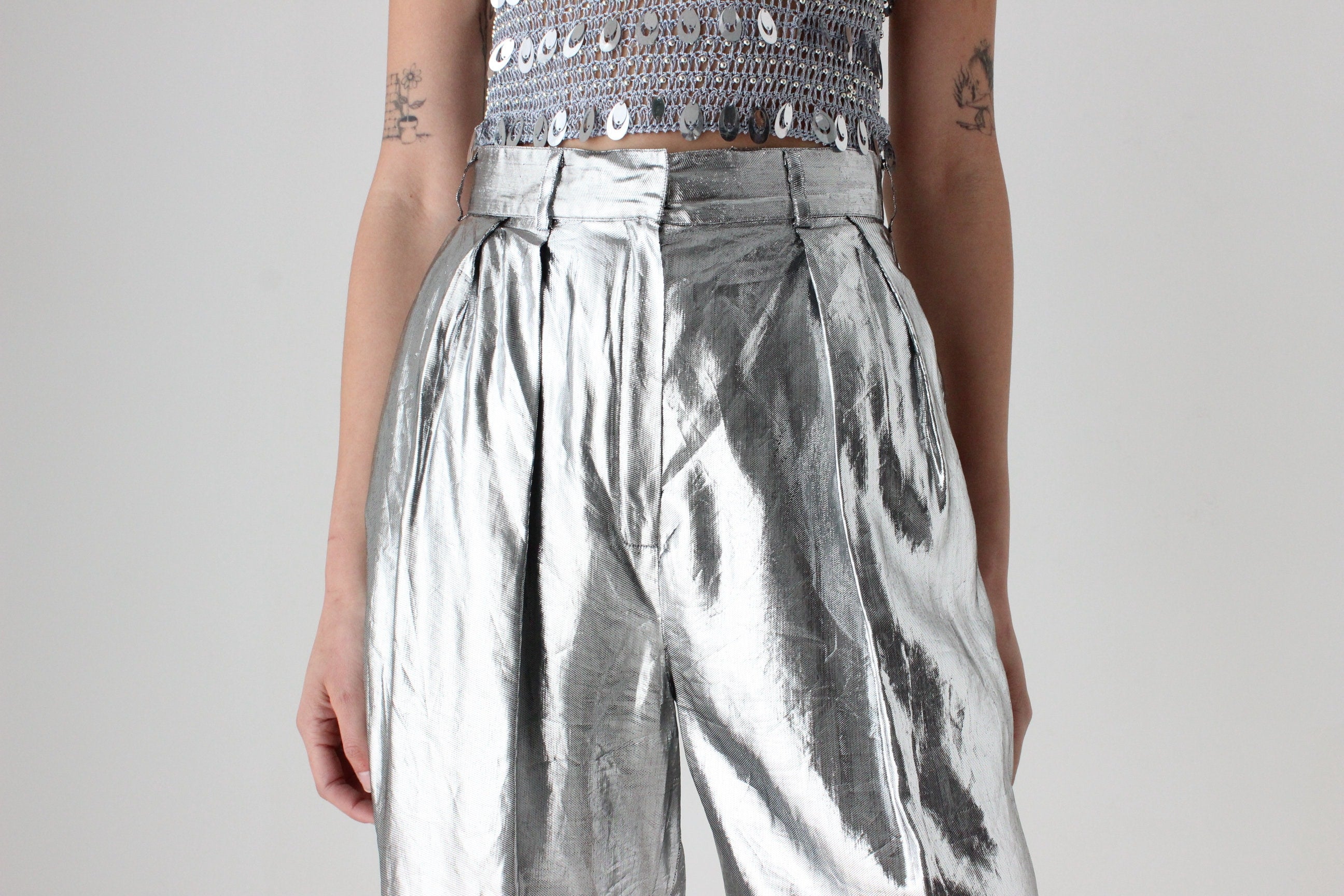 80s Silver Lamé Metallic Foil Long Line Pleated Shorts by Heléne Sidel