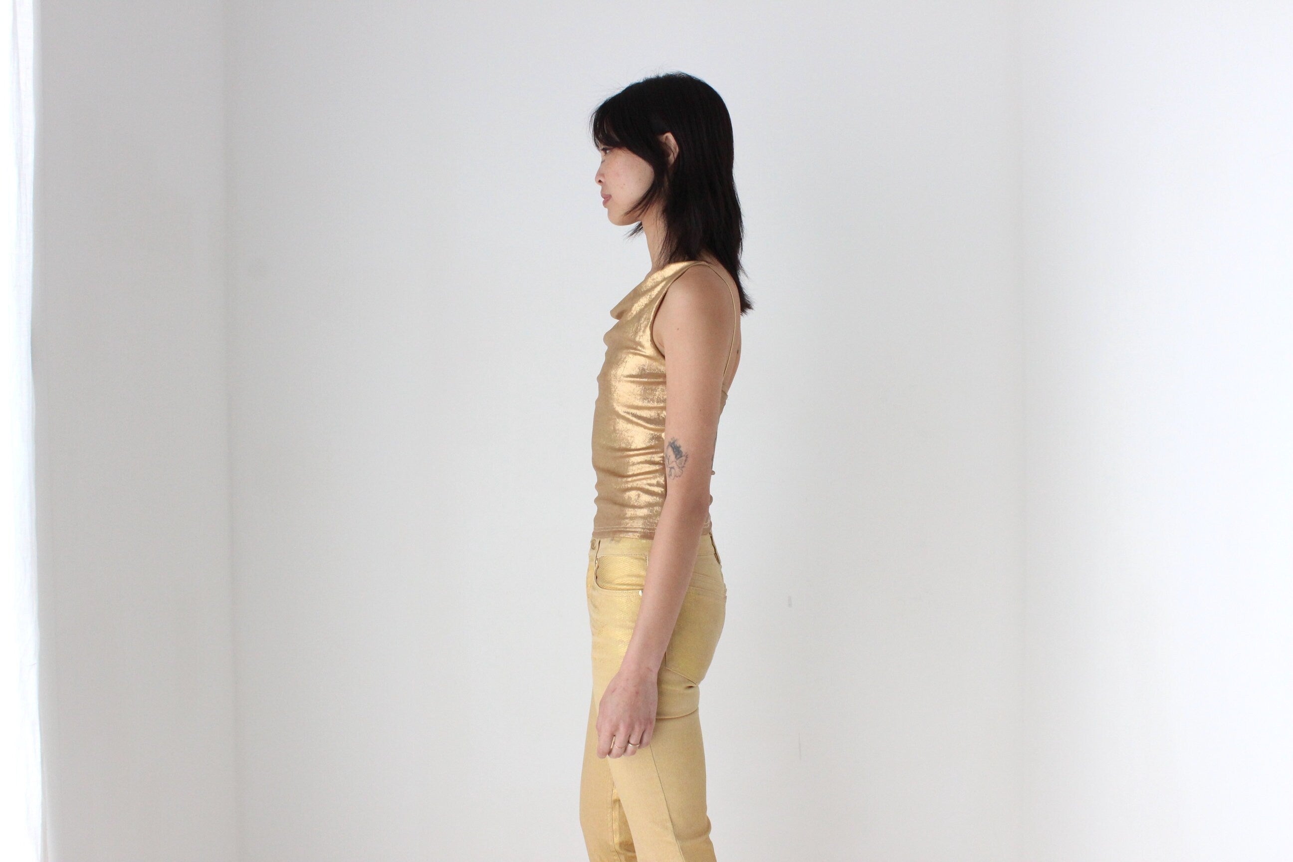 Y2K Liquid Gold Metallic Cowl Neck Disco Top