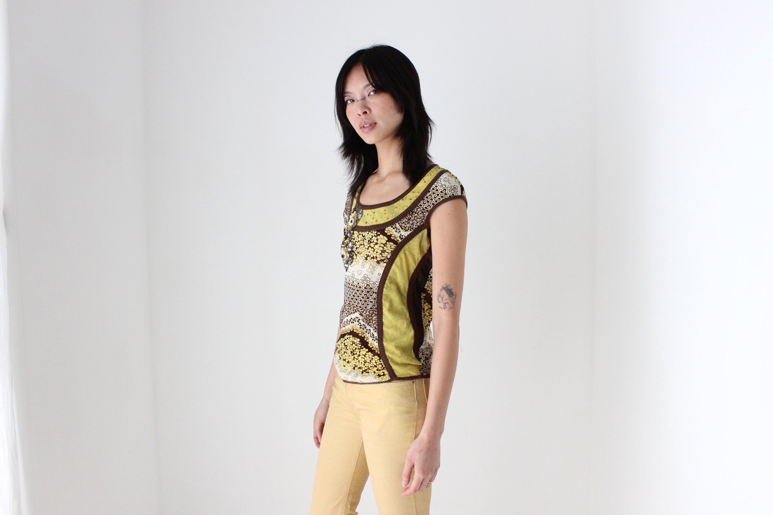 Y2K Abstract Mesh Patchwork Top w/ Sequin Applique