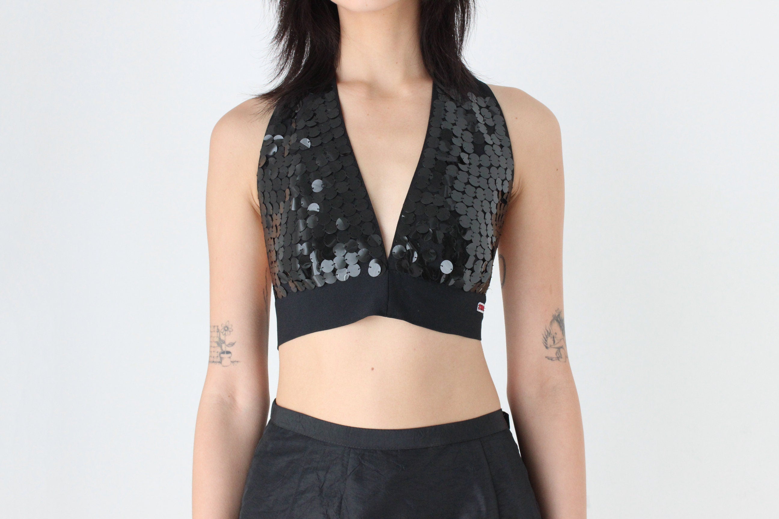 80s Sequin Plunge Neck Tie Up Halter Crop Top