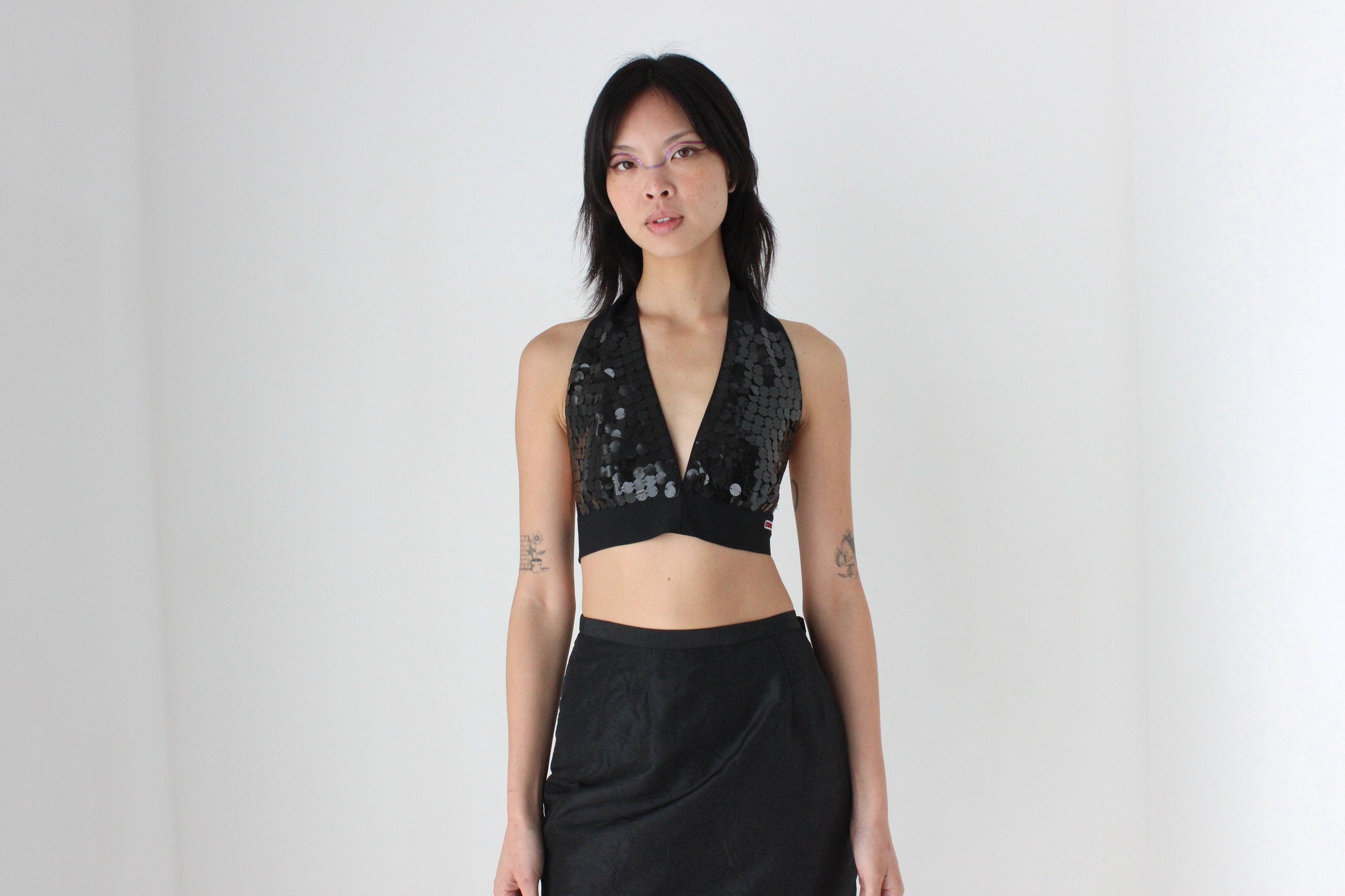 80s Sequin Plunge Neck Tie Up Halter Crop Top