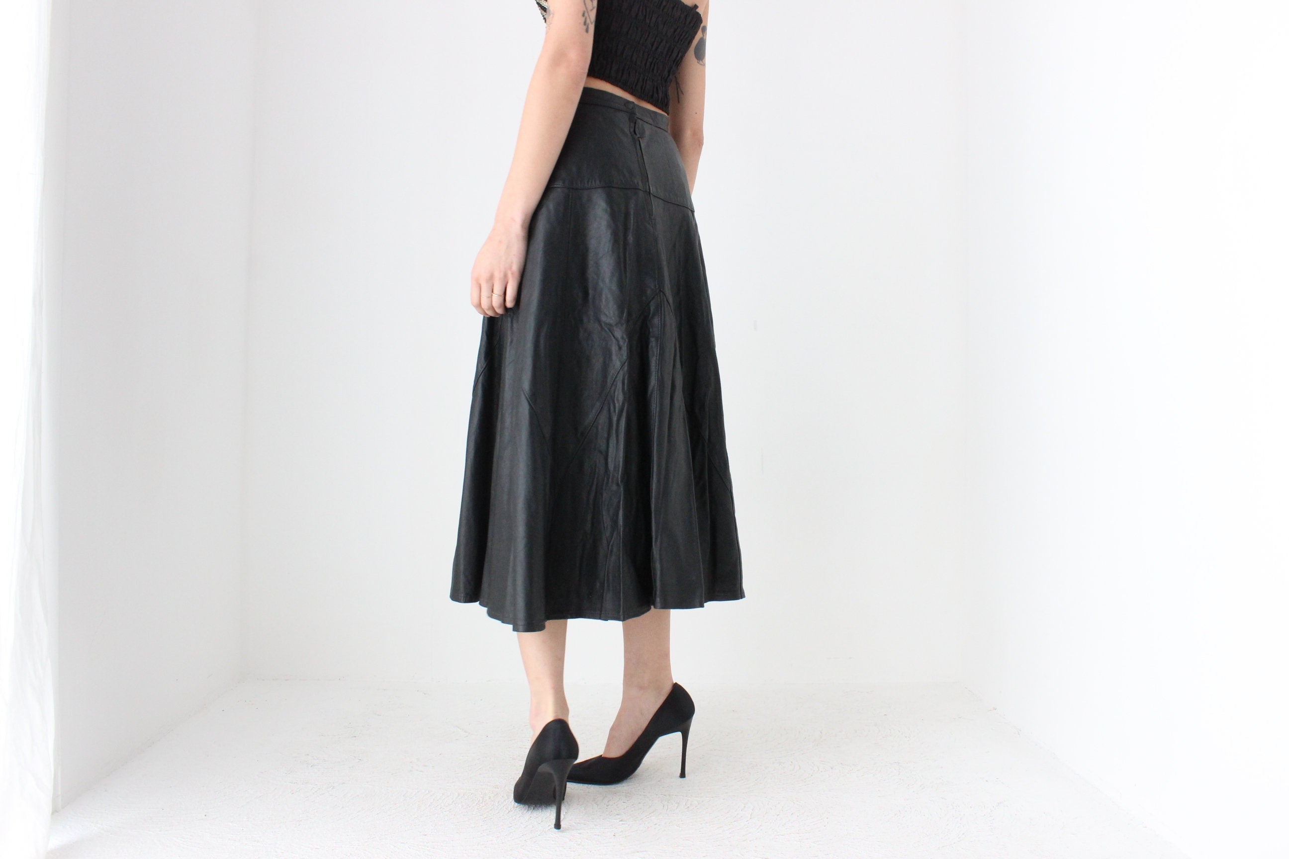 80s Black LEATHER High Waist Full Midi Skirt