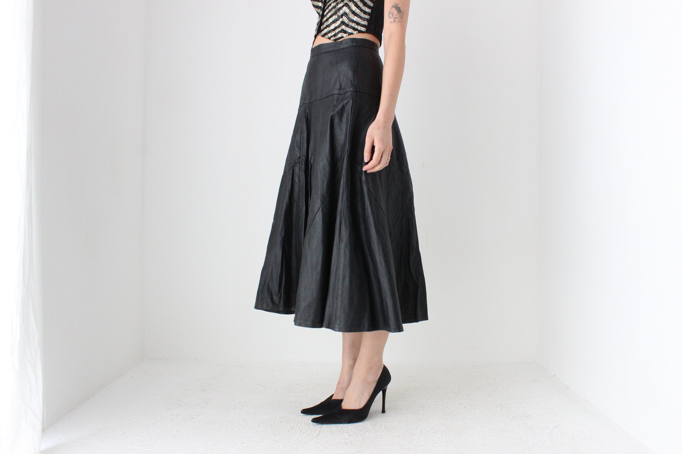 80s Black LEATHER High Waist Full Midi Skirt
