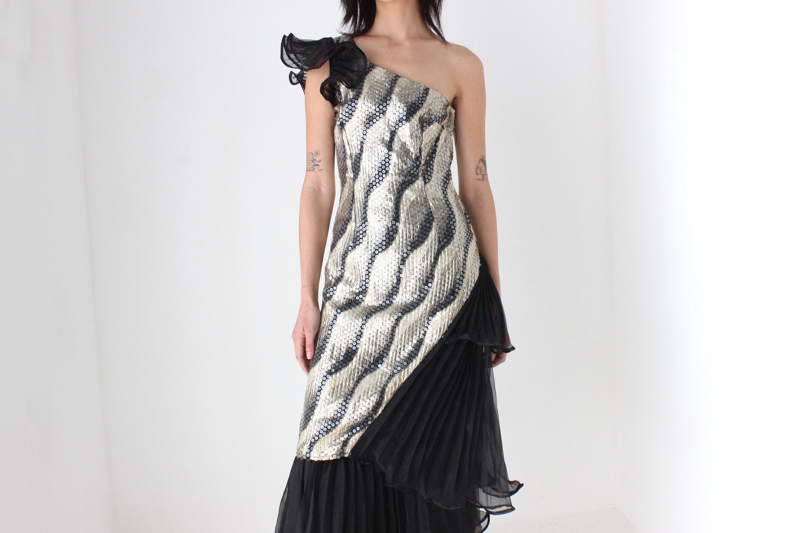 Maximalist 80s Sequin & Pleat Asymmetric Party Dress by Mr. K