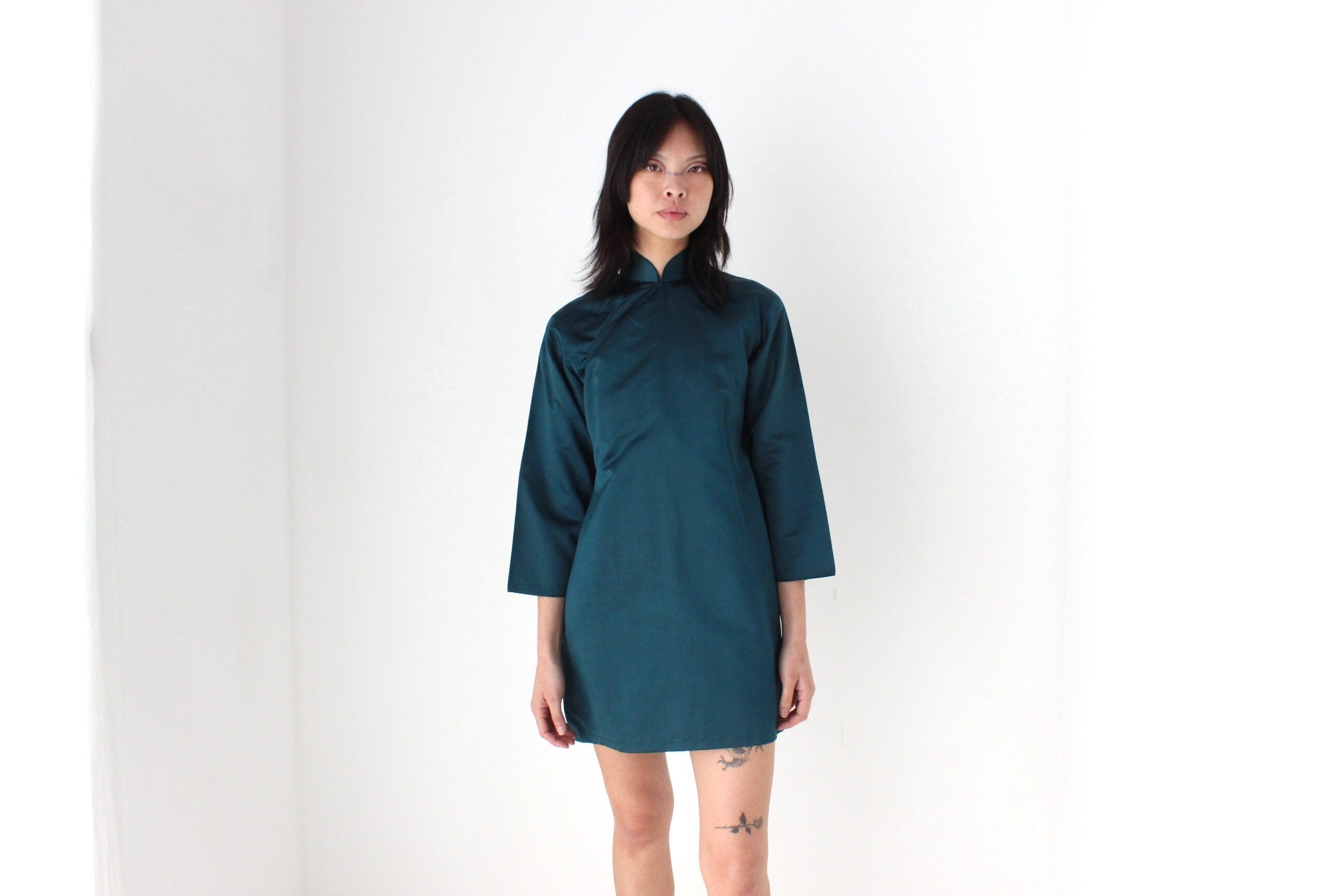 80s PURE SILK Metallic Teal Cheongsam Collar Mini Dress