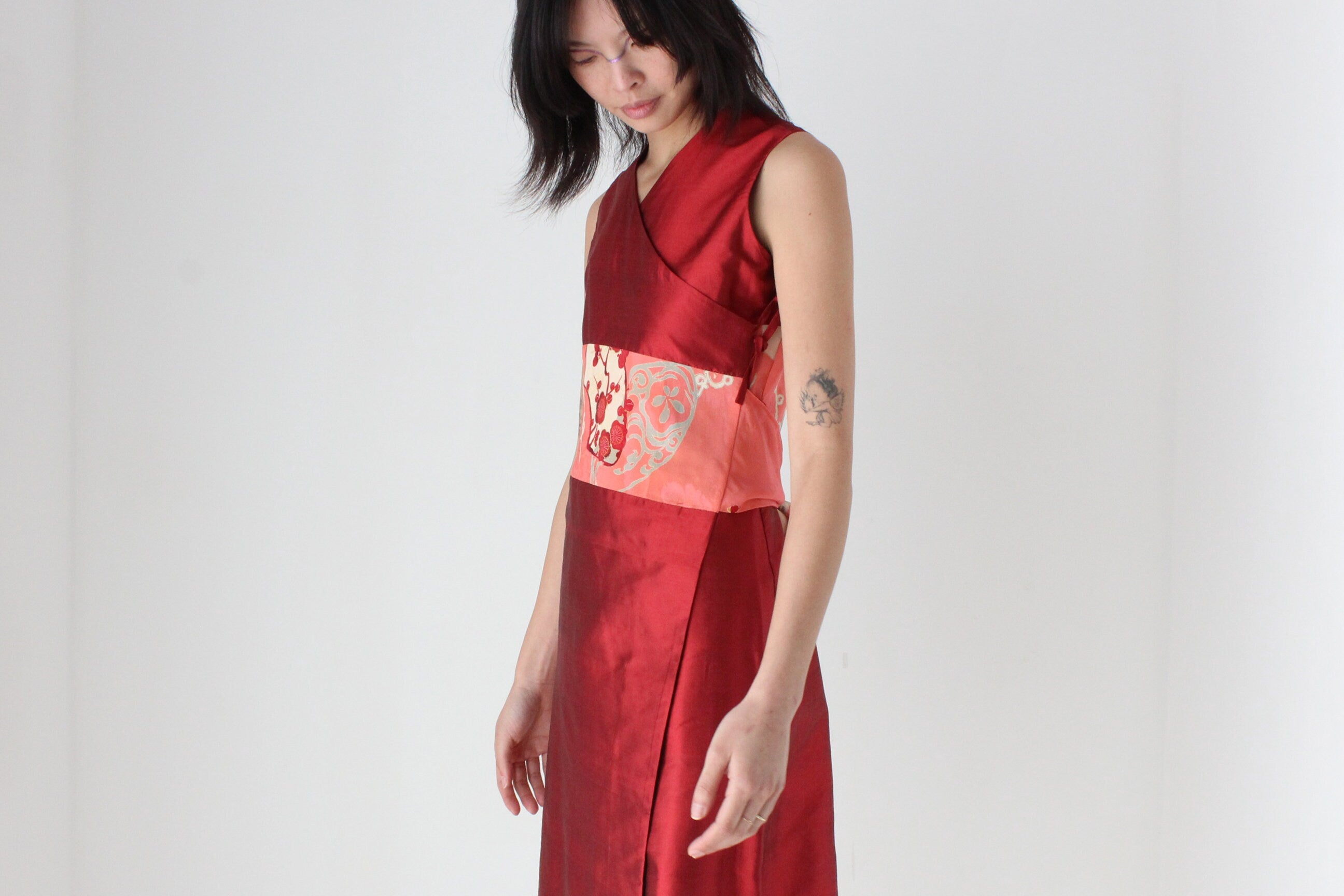 90s Yoshi Jones Raw Silk Wrap Dress w/ Japanese Kimono Silk Sash