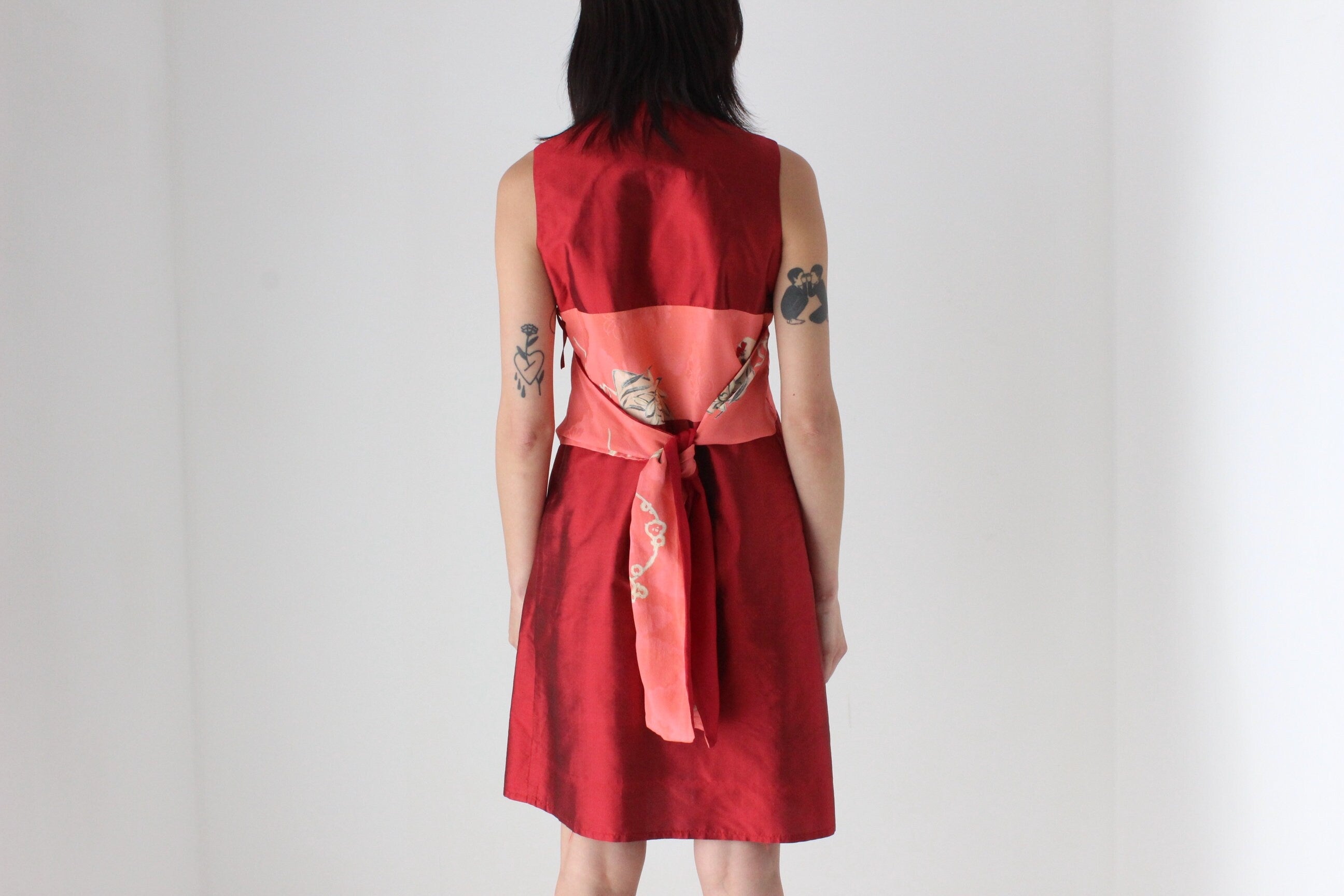 90s Yoshi Jones Raw Silk Wrap Dress w/ Japanese Kimono Silk Sash