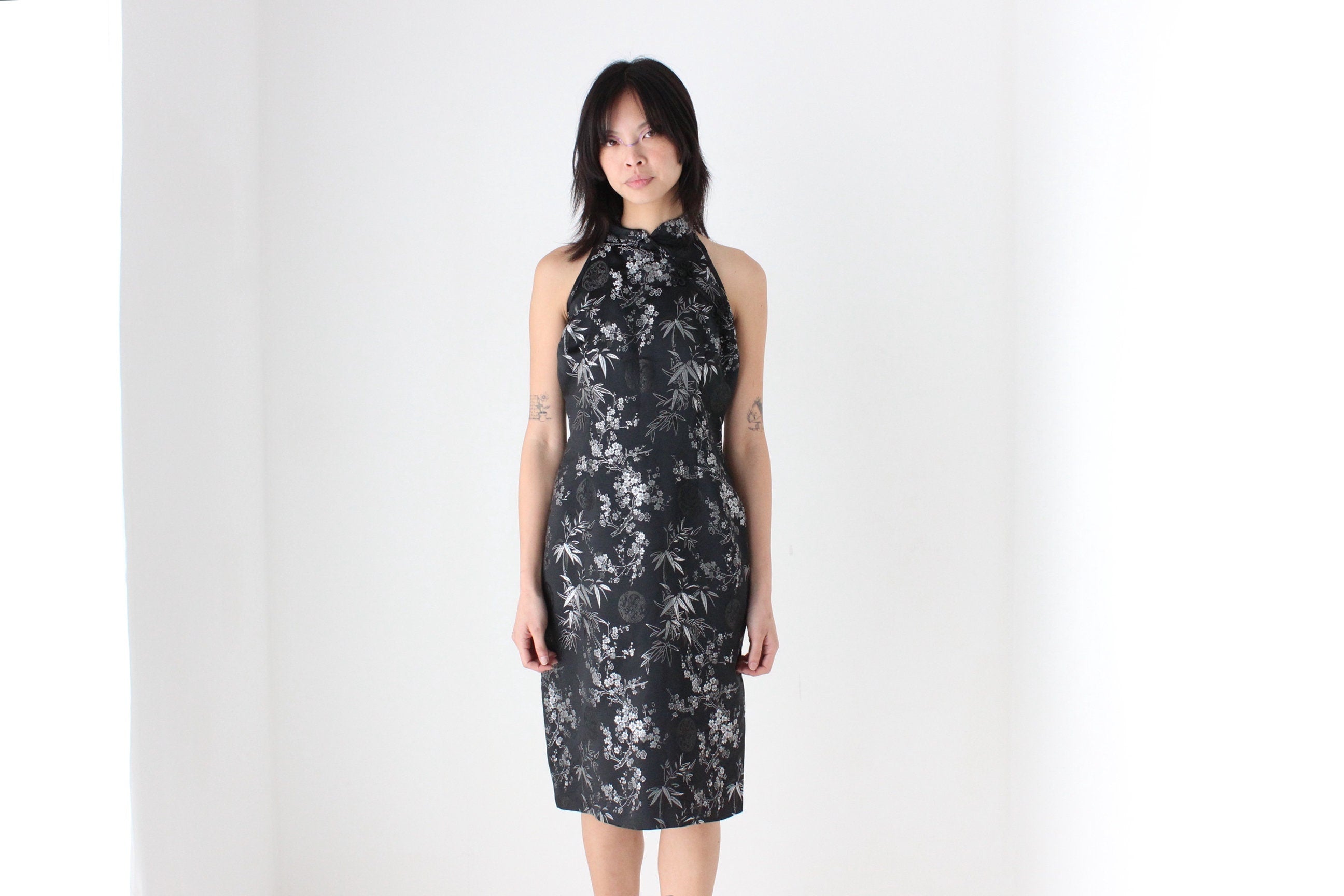 90s Chinese Satin Black + Silver Wiggle Fitted Dress