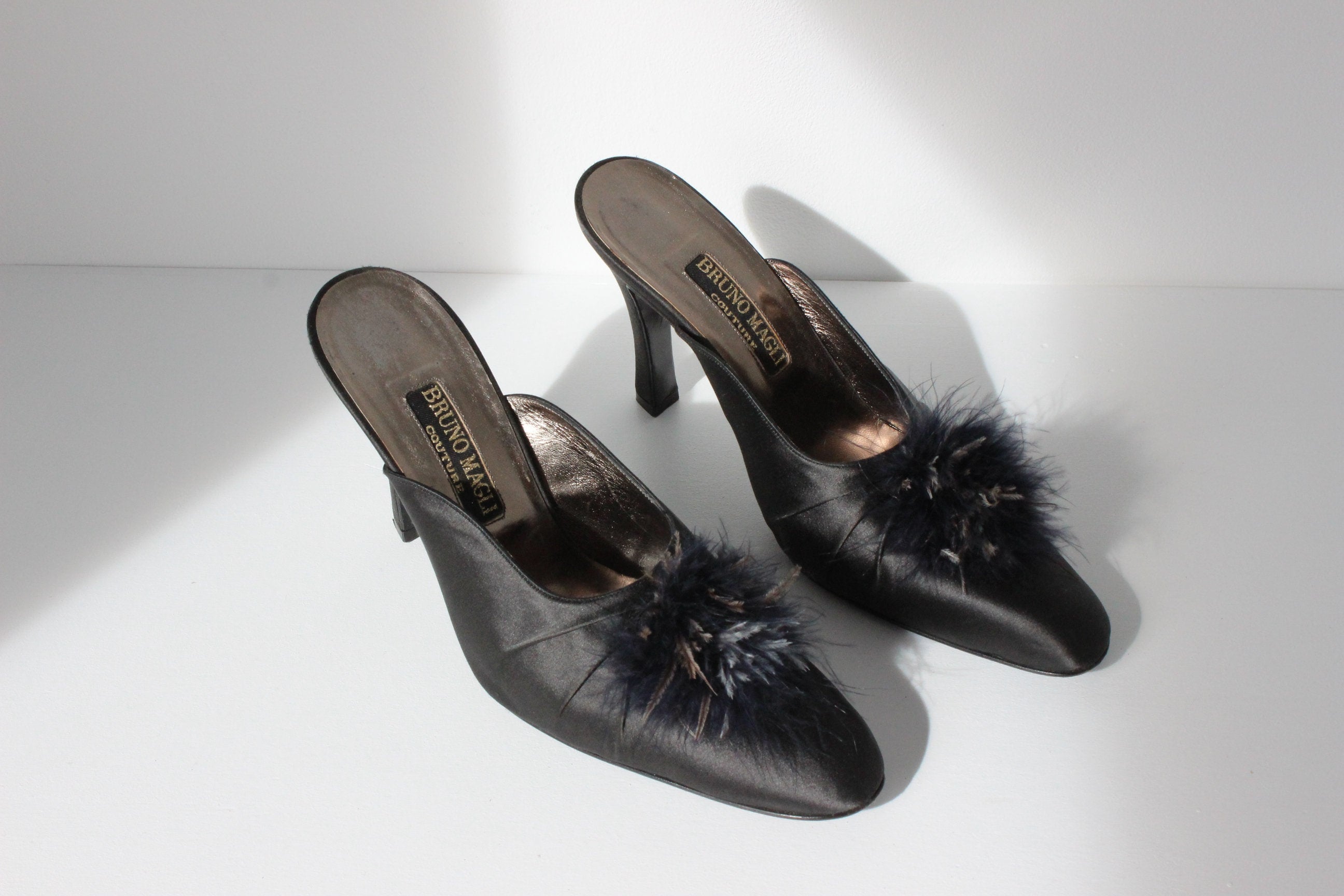 80s Bruno Magli Couture Satin & Feather Puff Heels ~ Euro 39