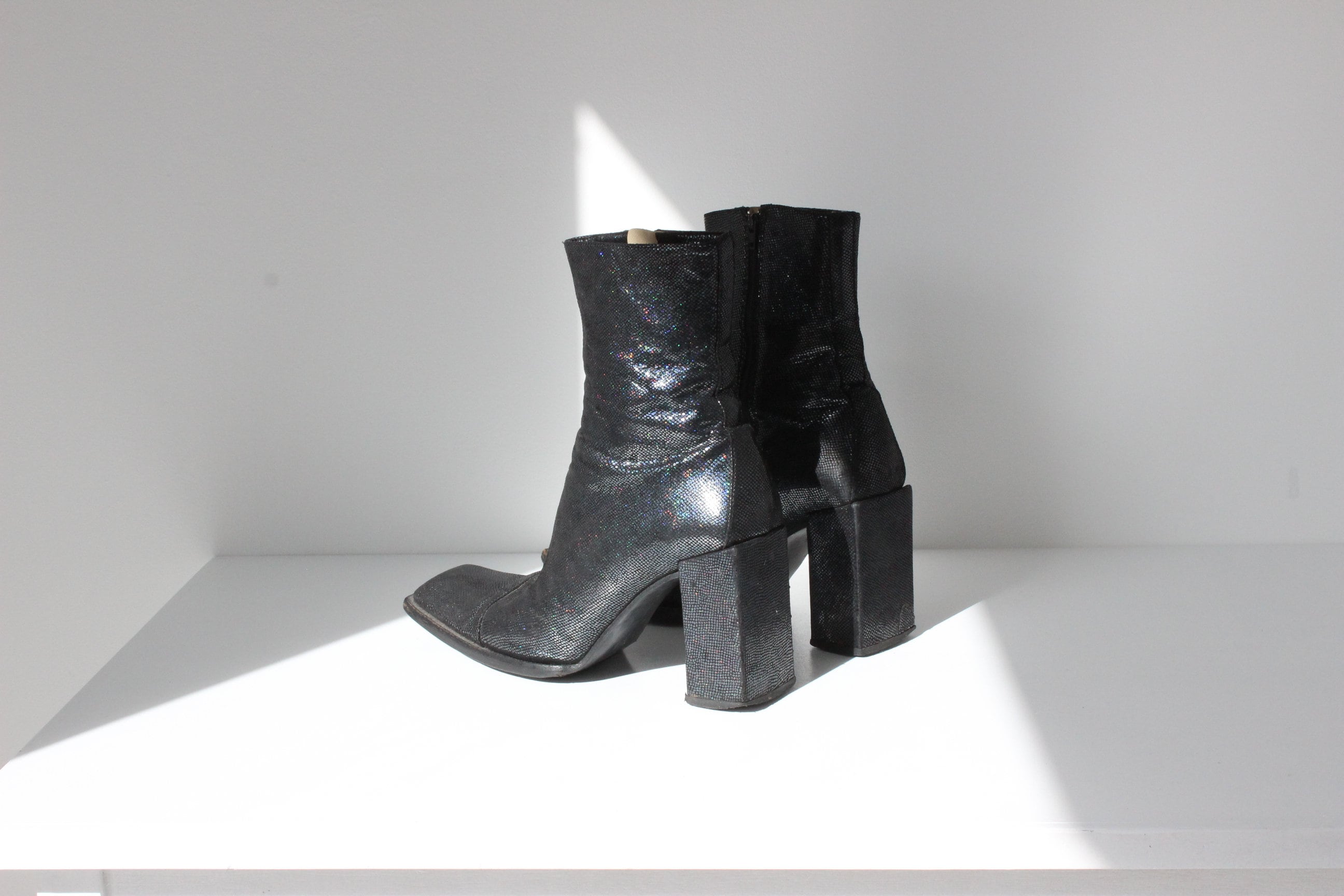90s Michel Perry Holographic Leather Boots w/ Block Heel ~ Euro 39