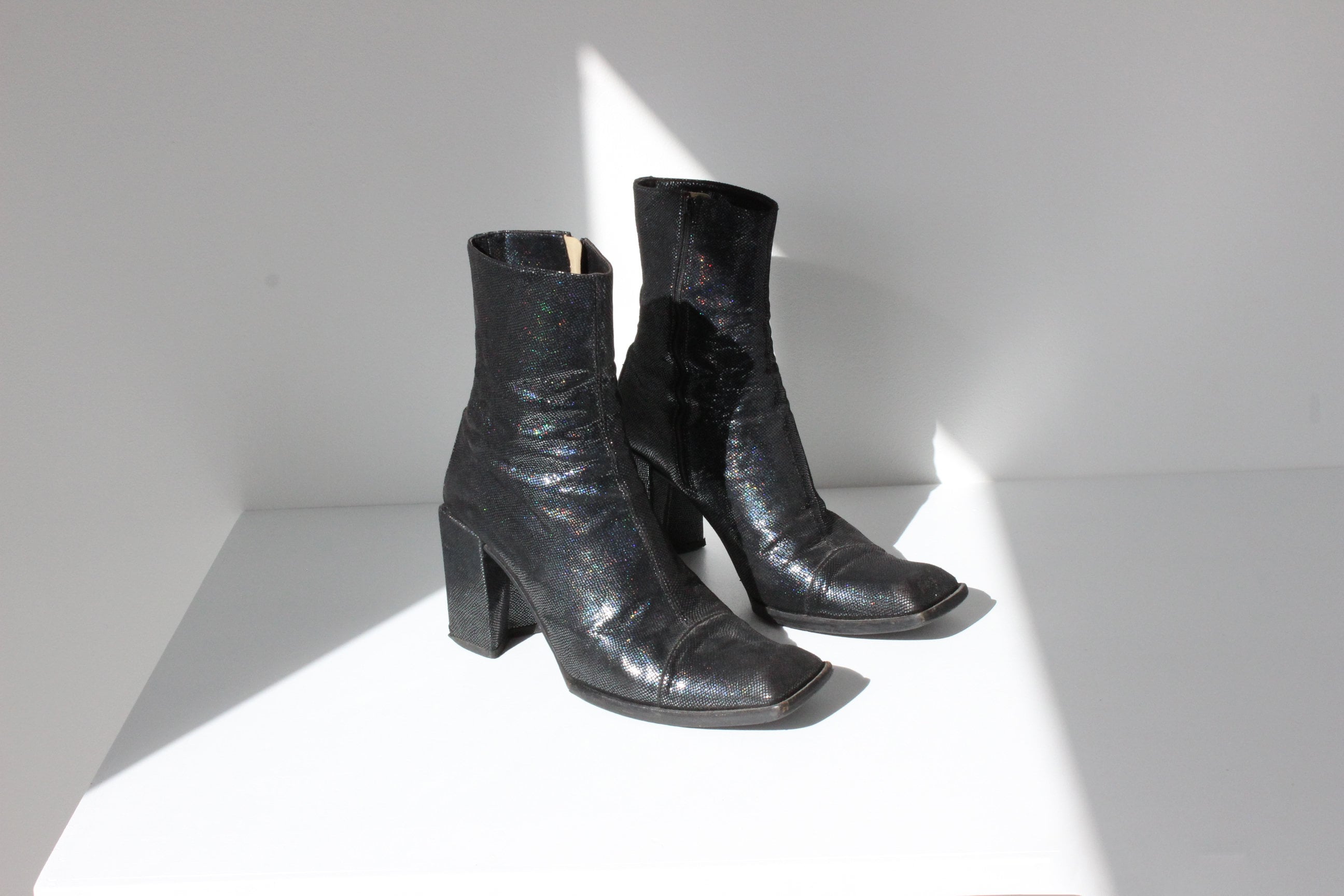 90s Michel Perry Holographic Leather Boots w/ Block Heel ~ Euro 39
