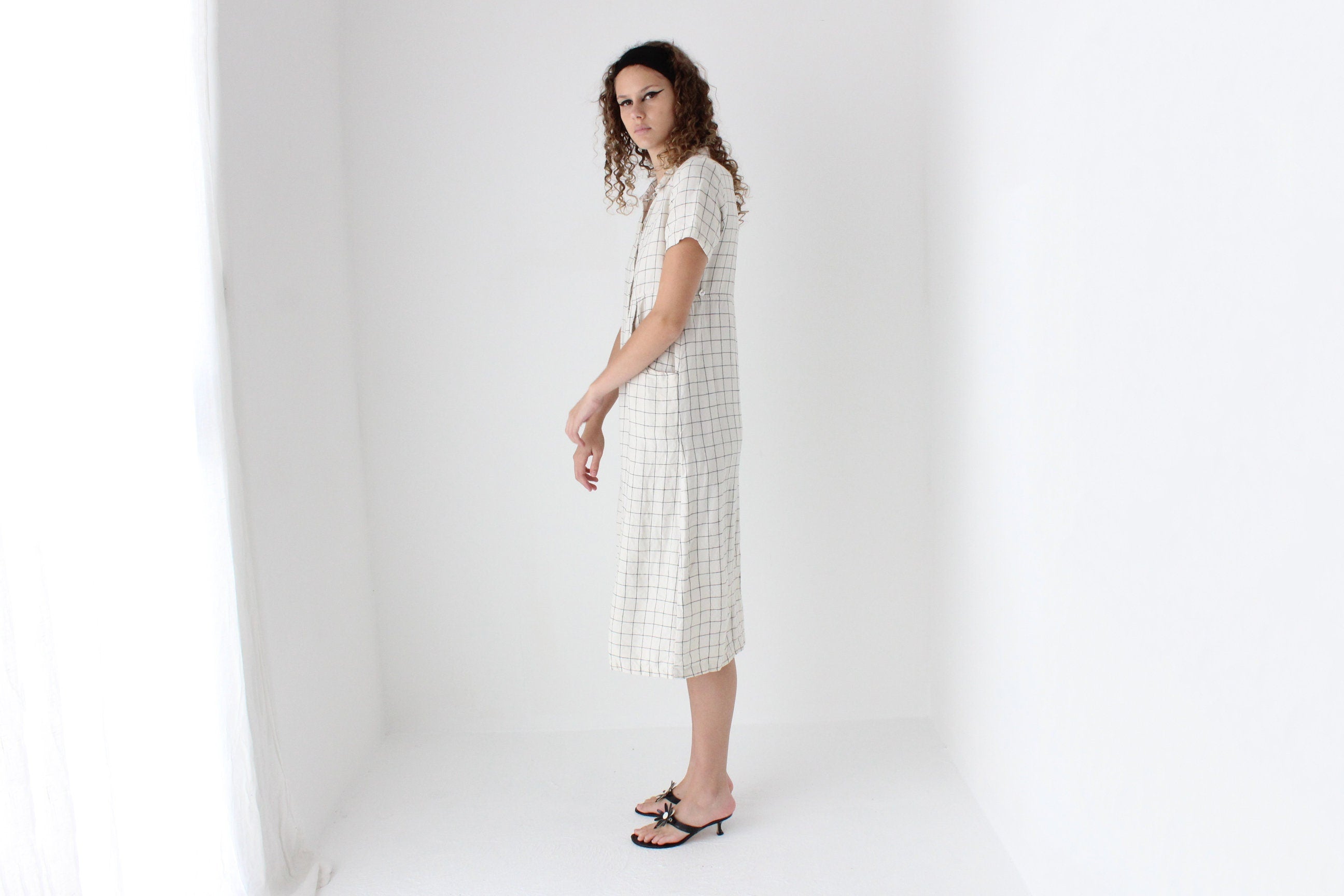 90s Pure Linen Grid Check Relaxed Button Front Dress
