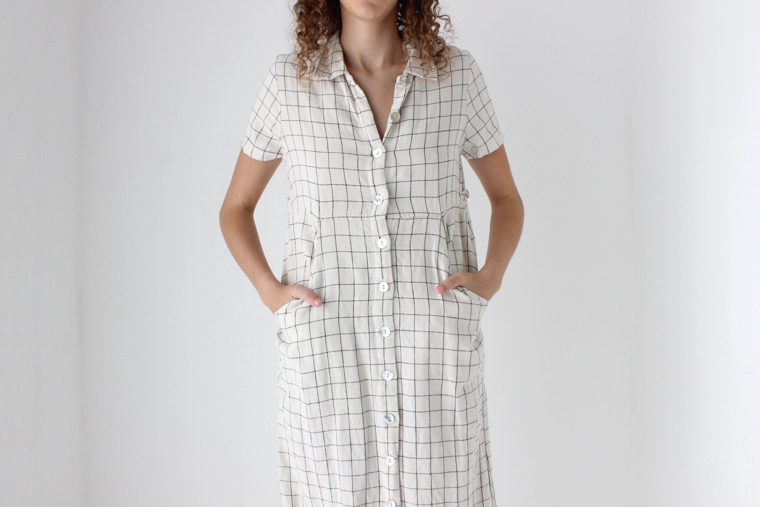 90s Pure Linen Grid Check Relaxed Button Front Dress