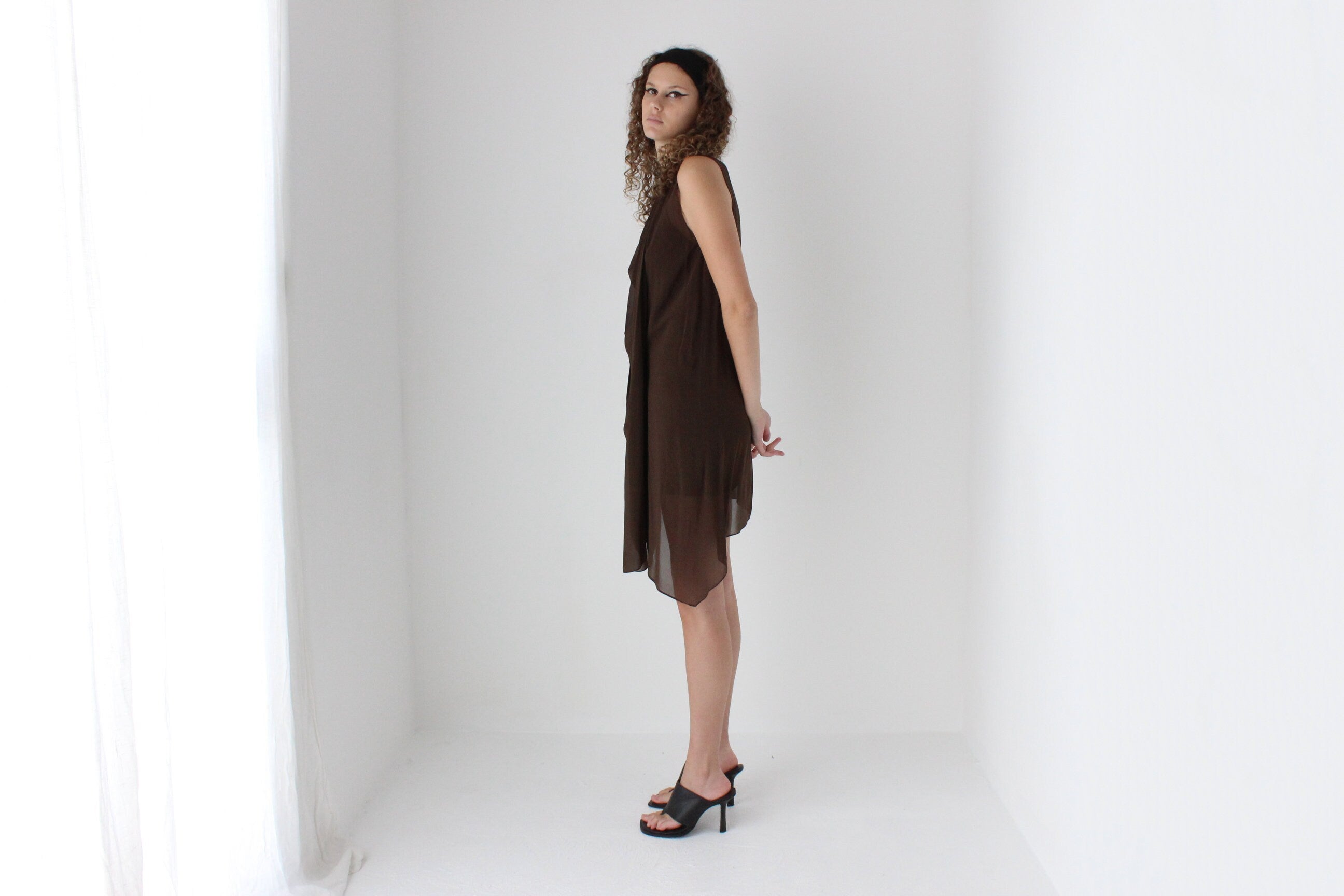 2000s Phillip Lim Layered Chocolate Silk Dress w/ Leather Collar