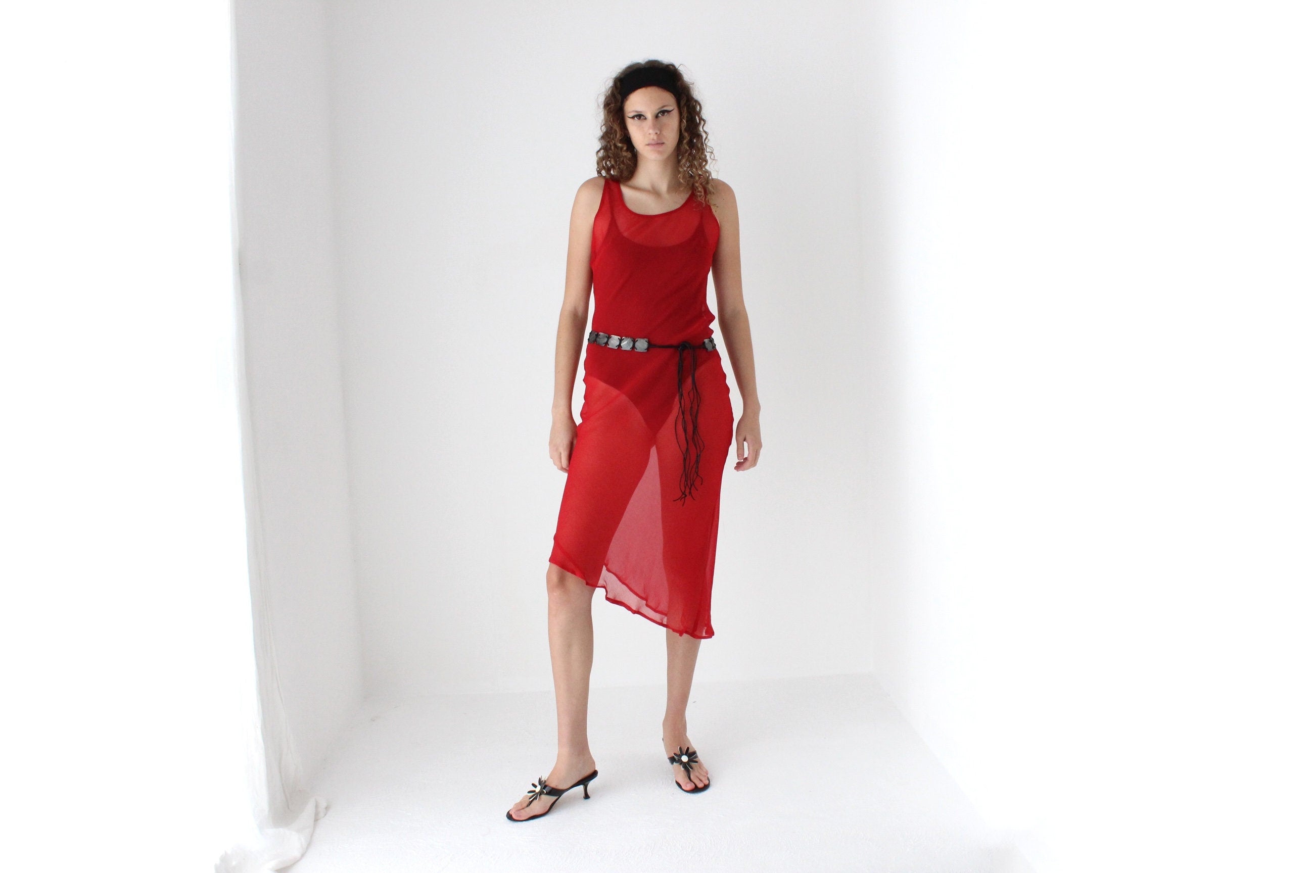 90s PURE SILK Sheer Georgette Bias Cut Dress in Red
