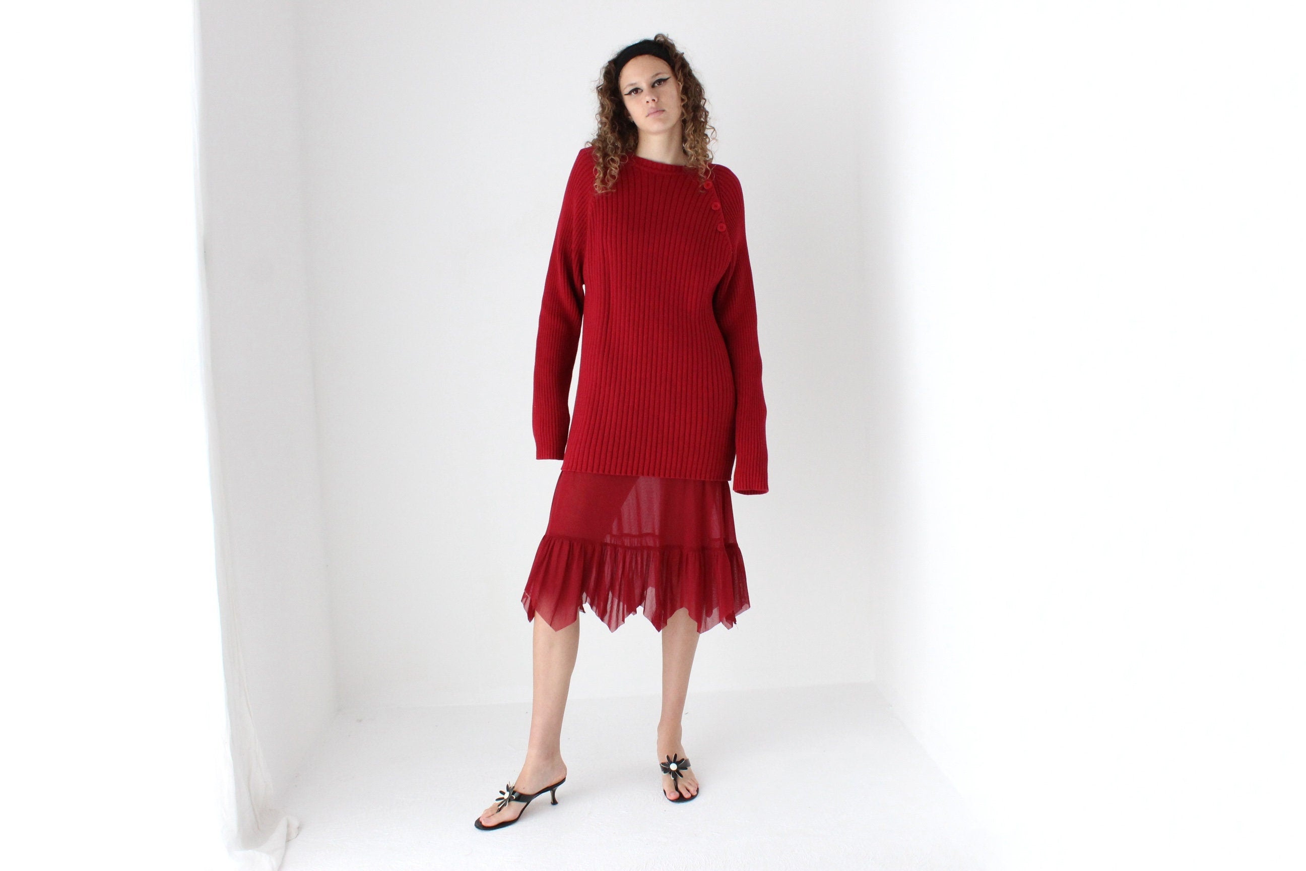 90s Pure Cotton Ribbed Knit Oversized Sweater Dress