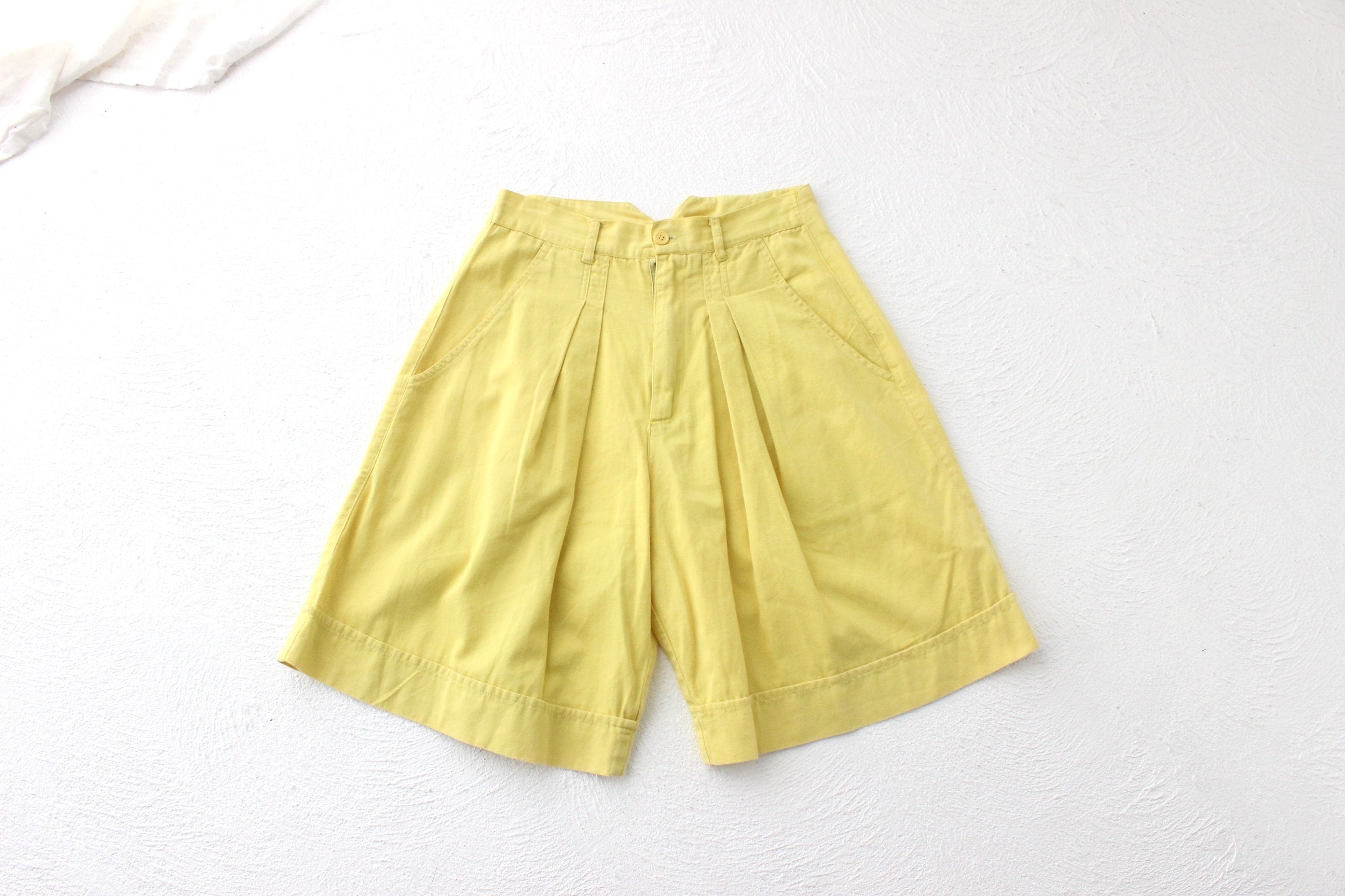 80s European Lemon Yellow Cotton Knee Length Shorts