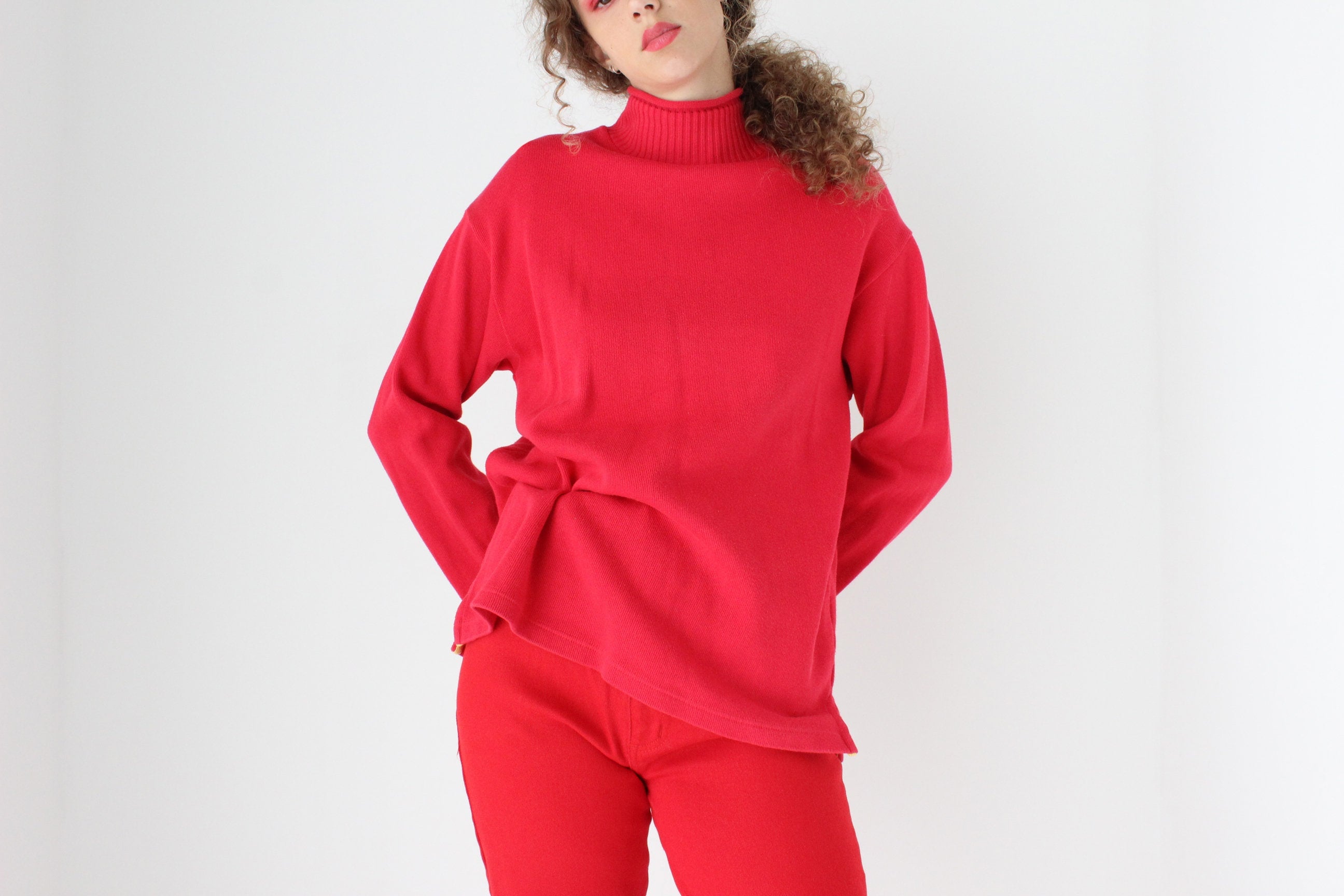 90s Pure Cotton Cherry Red High Neck Sweater